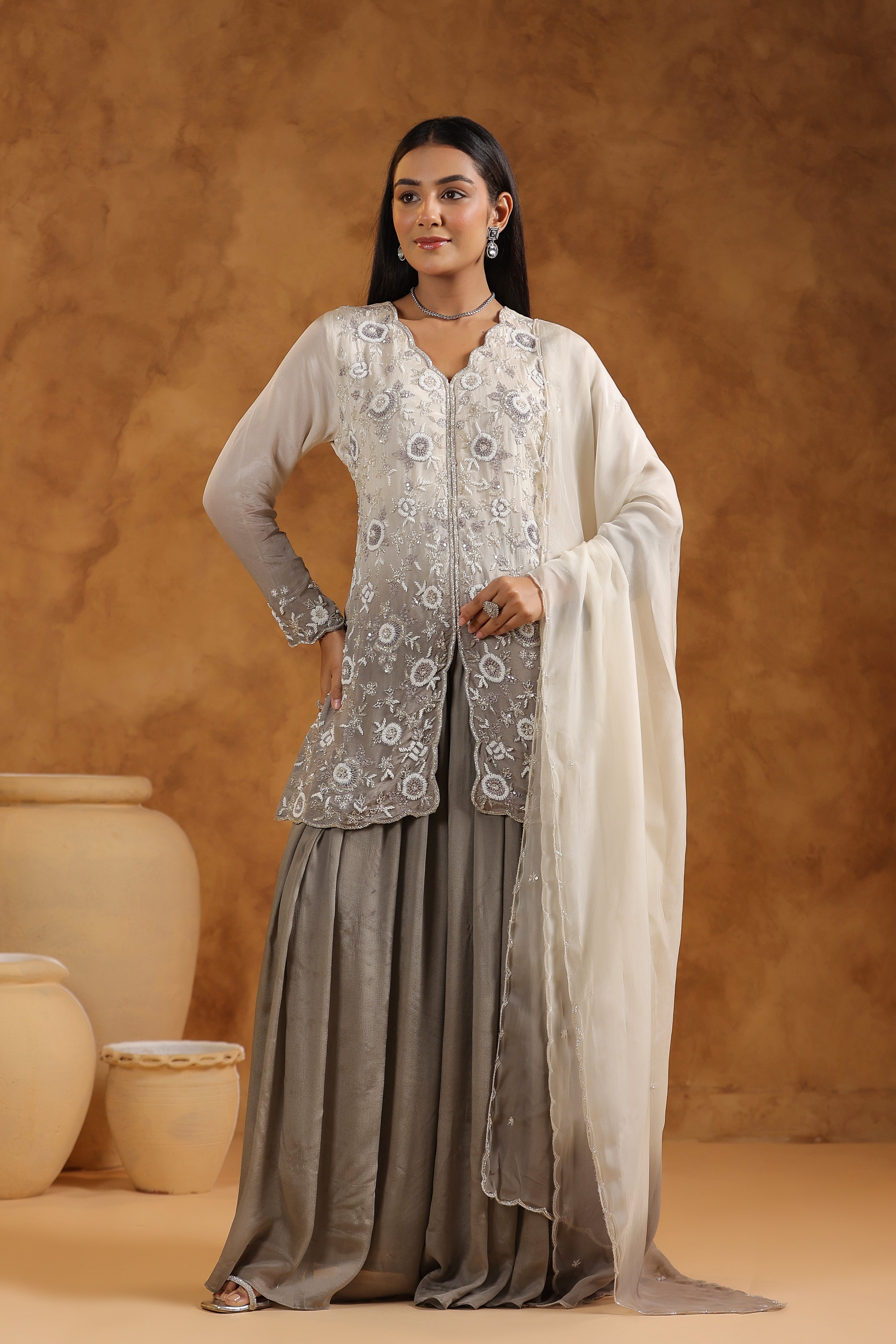 Shaded Grey Embellished Chinon Silk Sharara Set