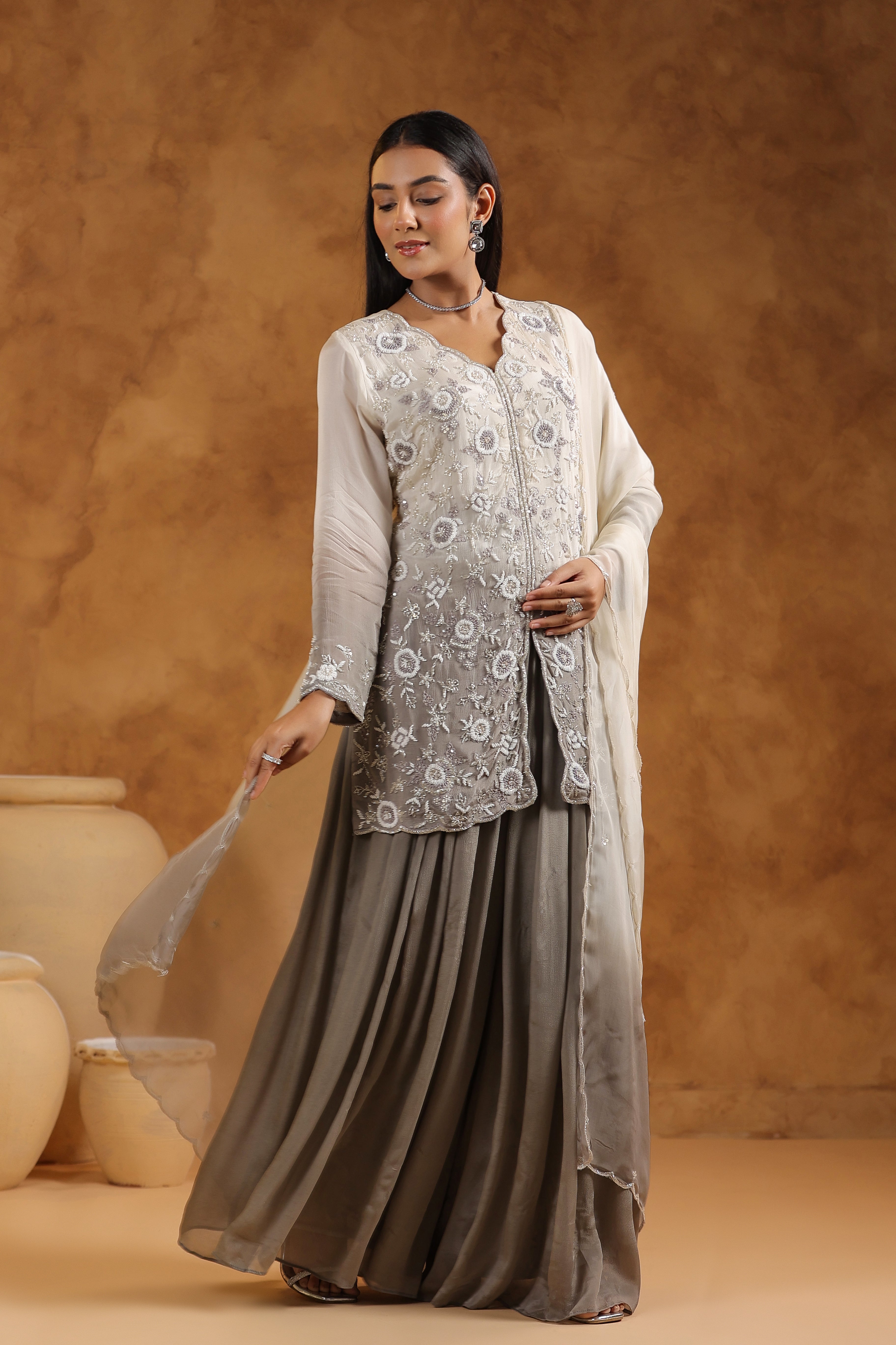 Shaded Grey Embellished Chinon Silk Sharara Set