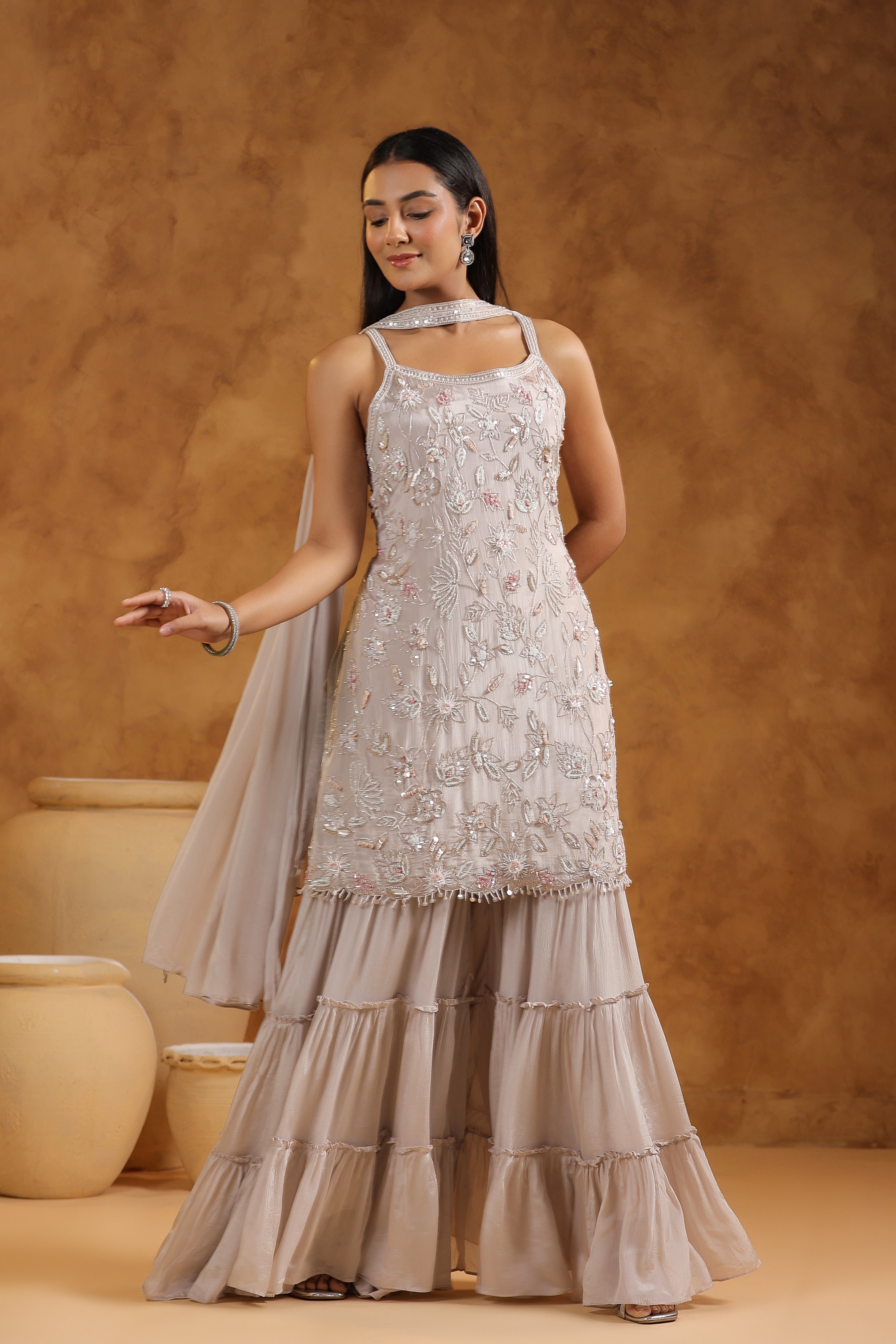 Champagne Beige Embellished Chinon Silk Sharara Set