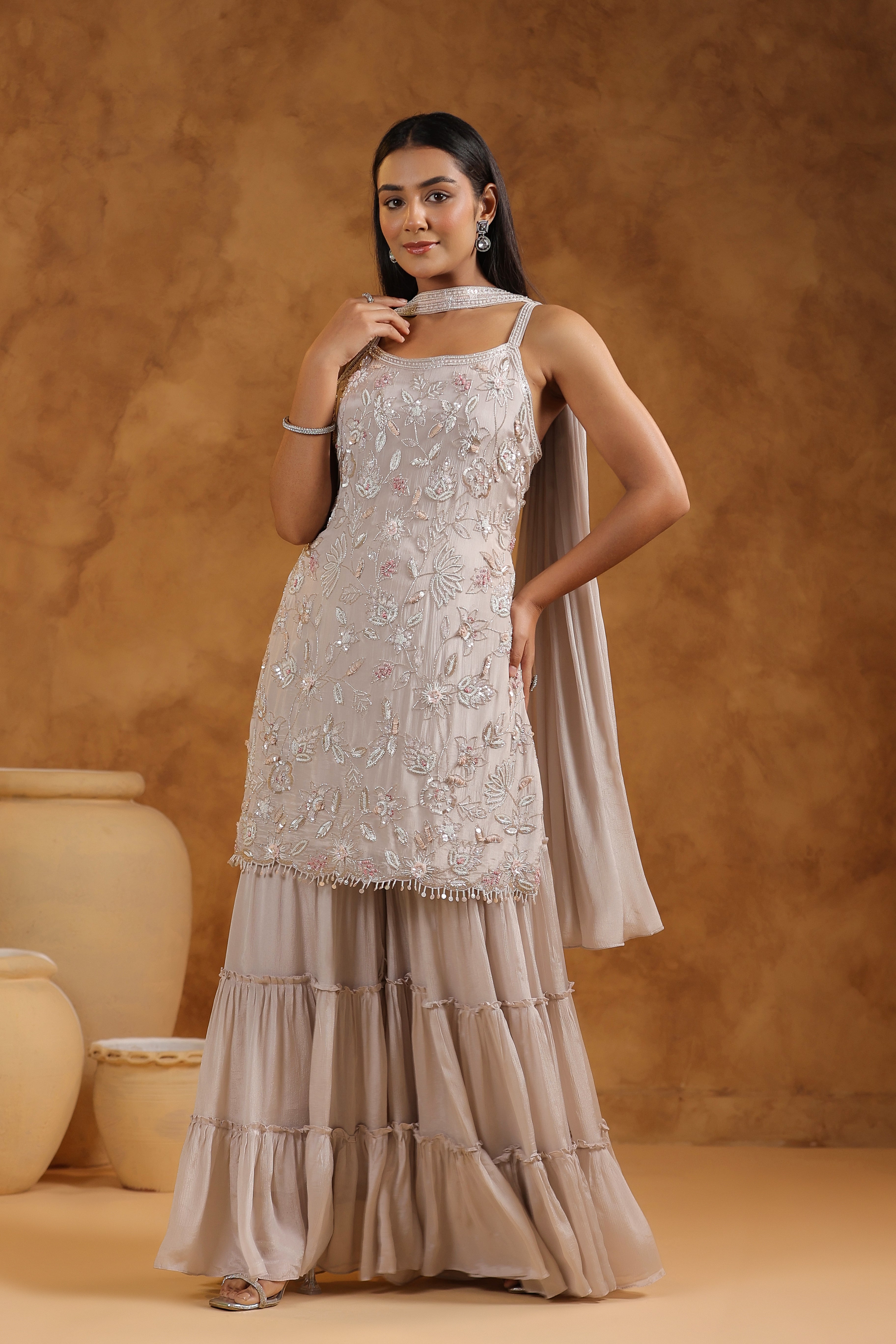 Champagne Beige Embellished Chinon Silk Sharara Set