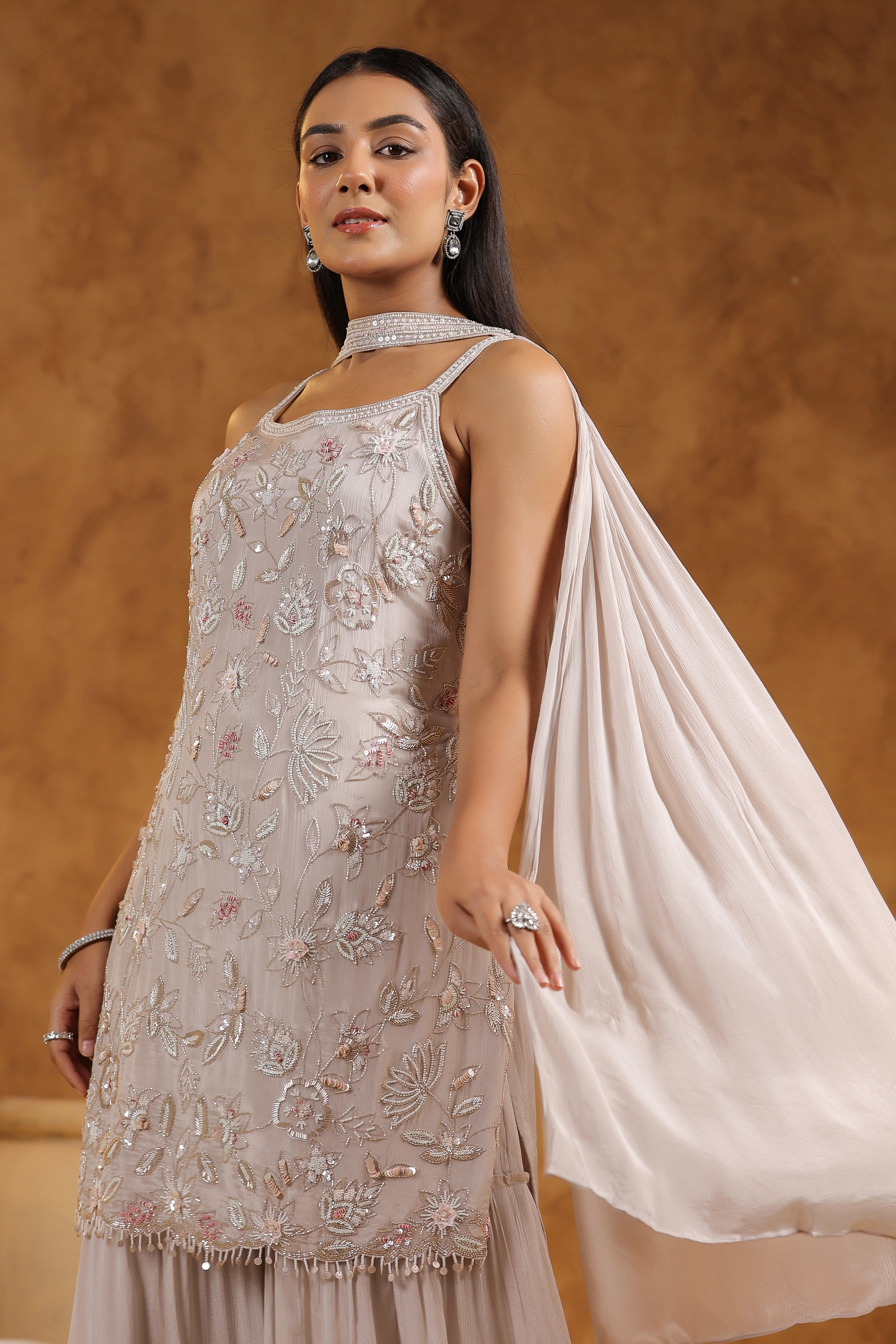 Champagne Beige Embellished Chinon Silk Sharara Set