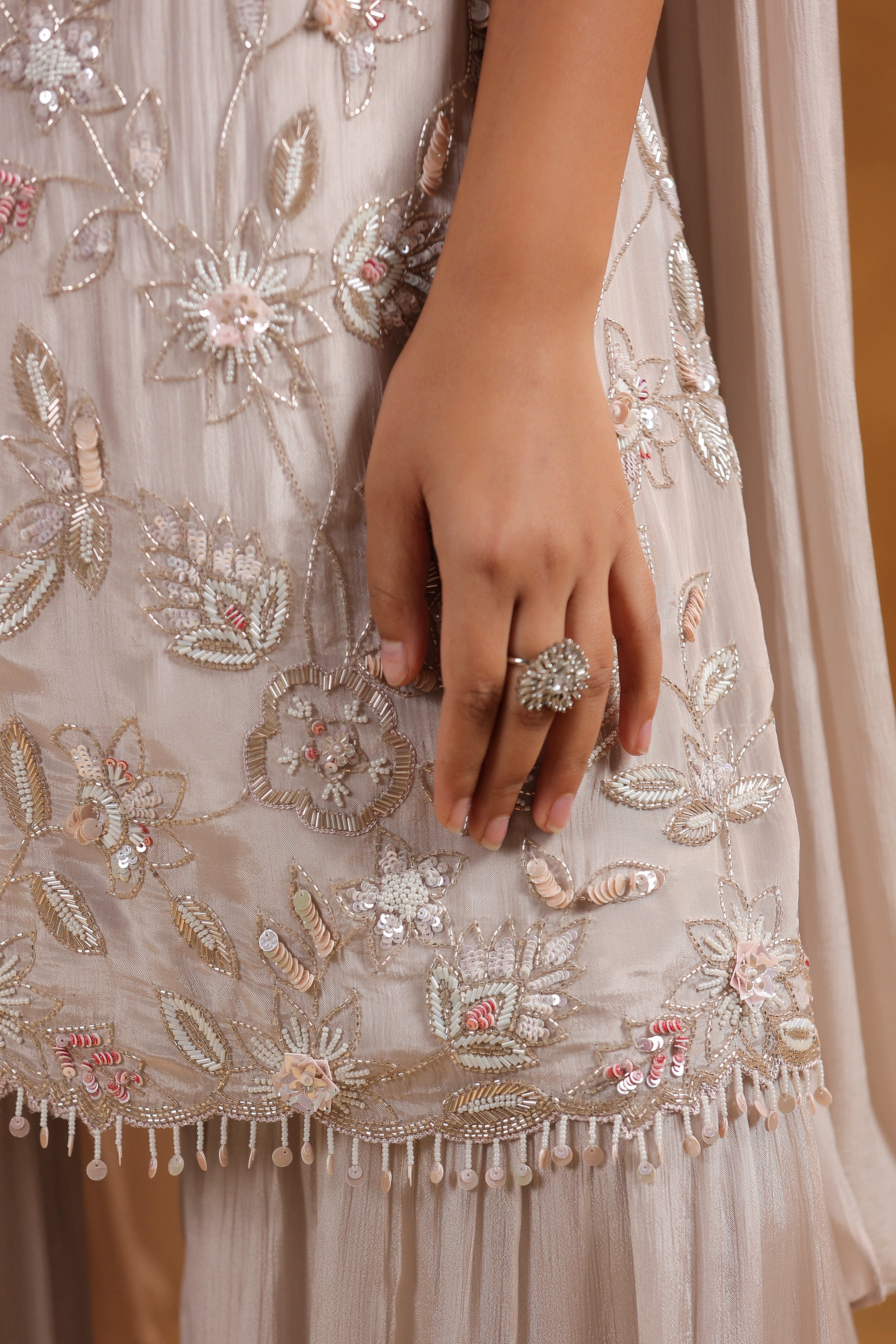 Champagne Beige Embellished Chinon Silk Sharara Set