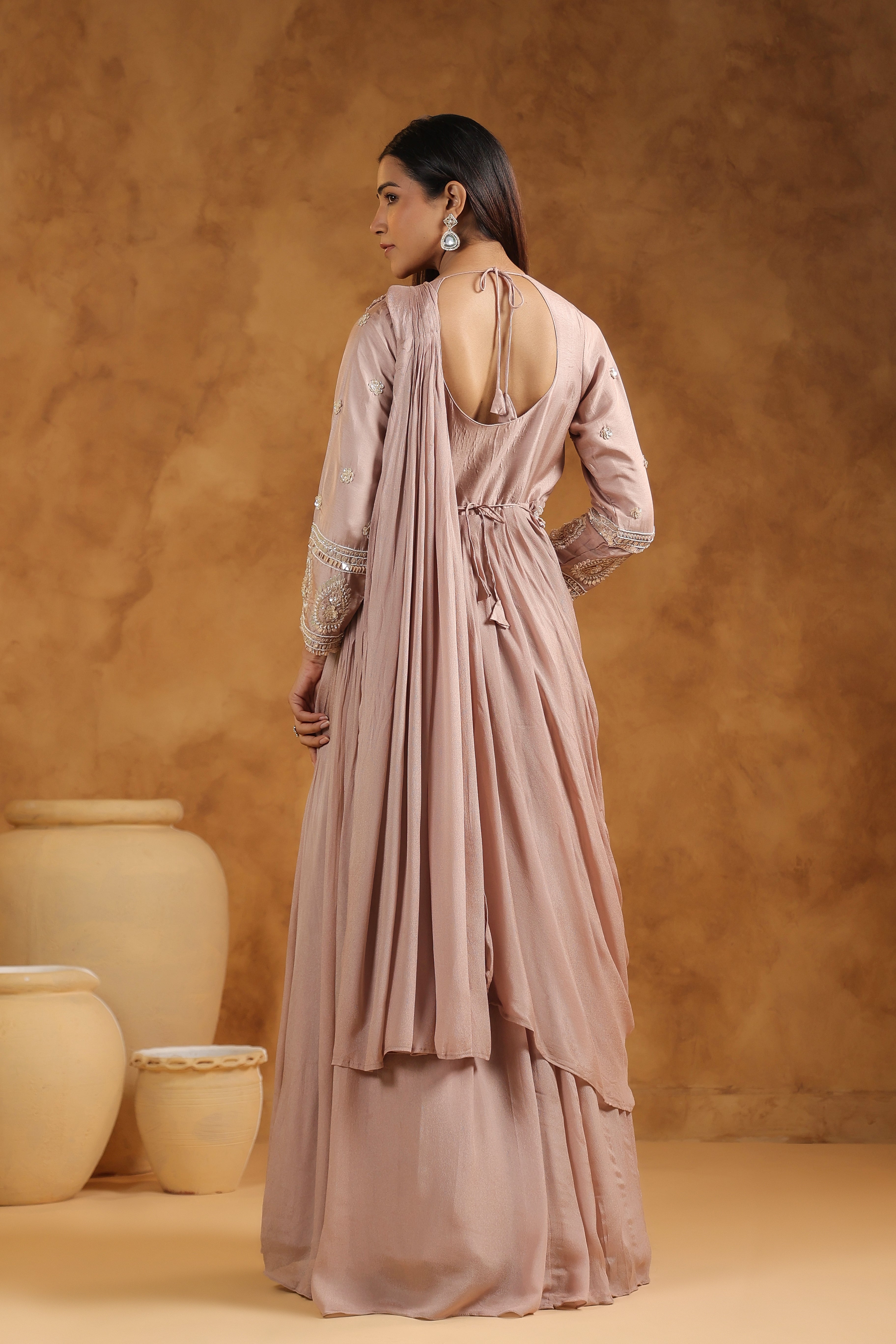 Mauve Pink Embellished Chinon Silk Gown