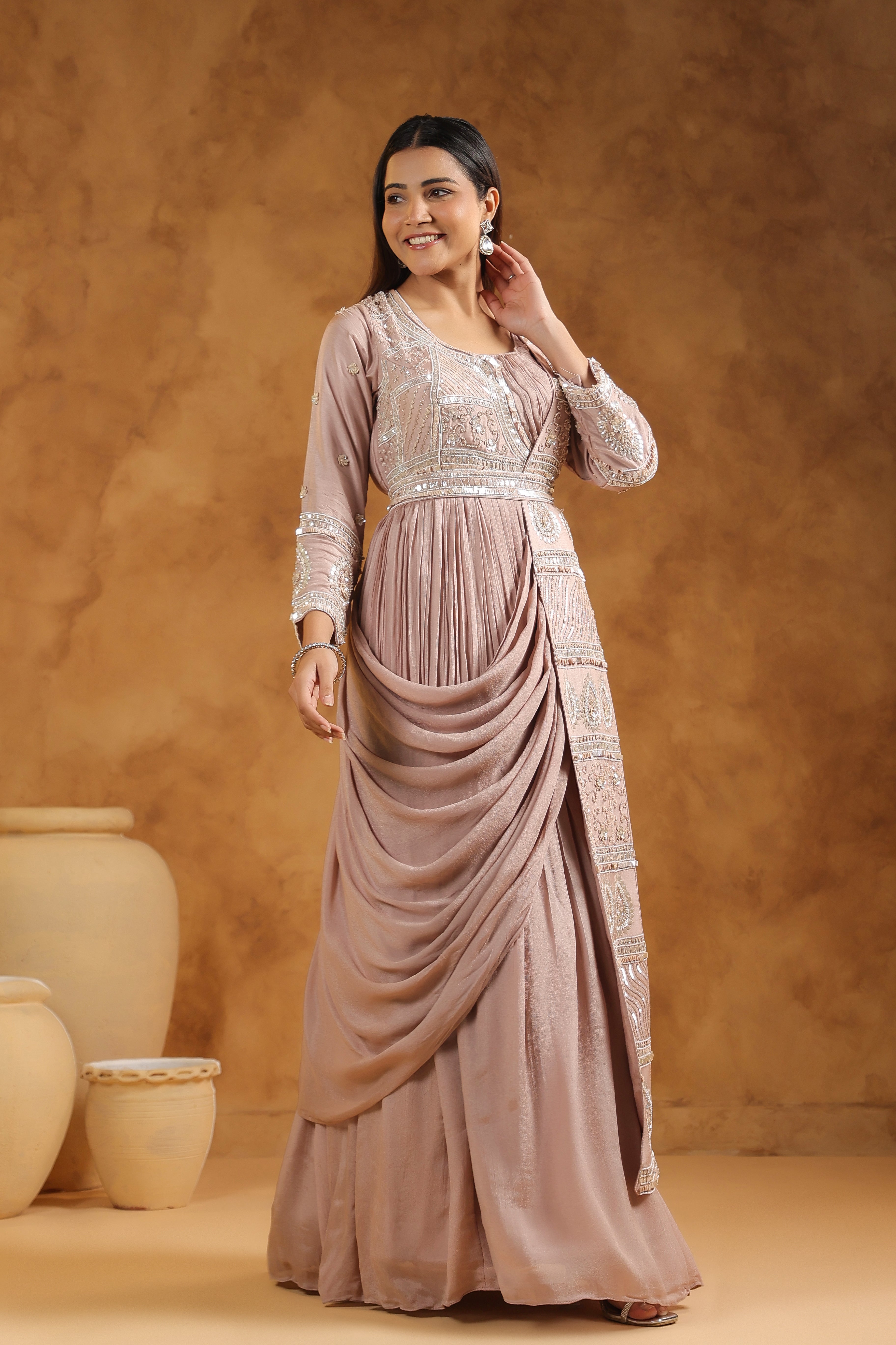 Mauve Pink Embellished Chinon Silk Gown