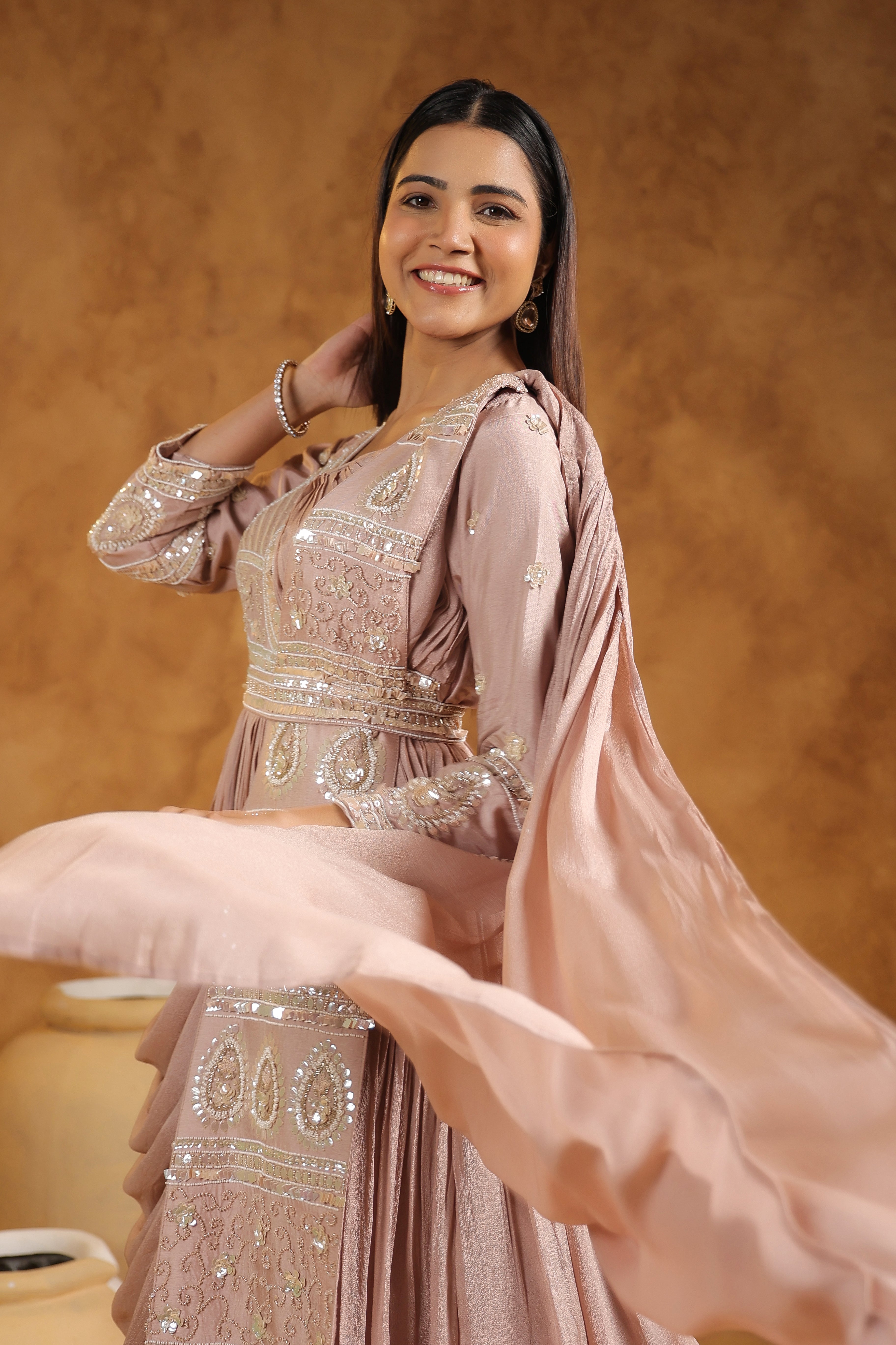 Mauve Pink Embellished Chinon Silk Gown