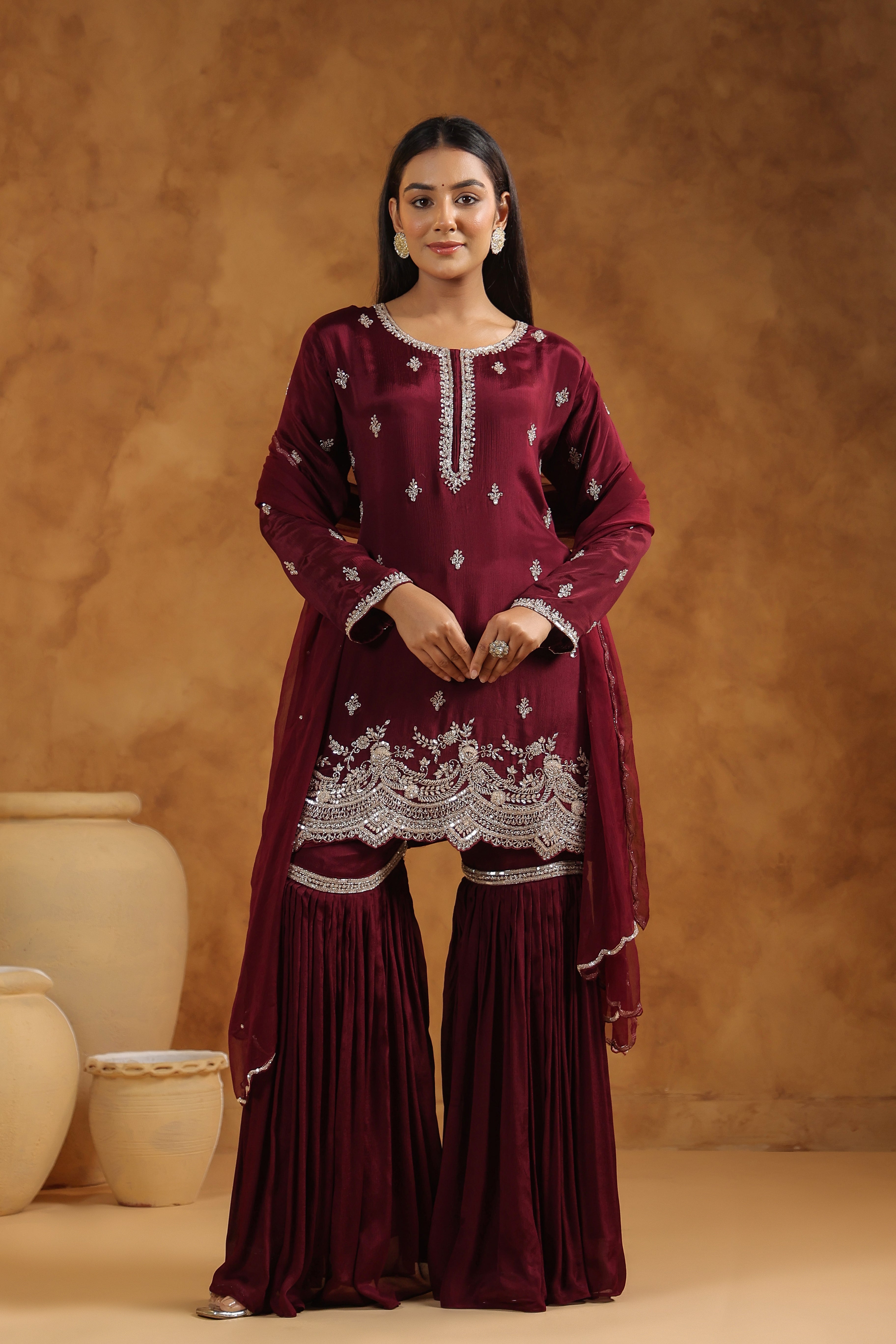 Classic Wine Embellished Chinon Silk Sharara Set