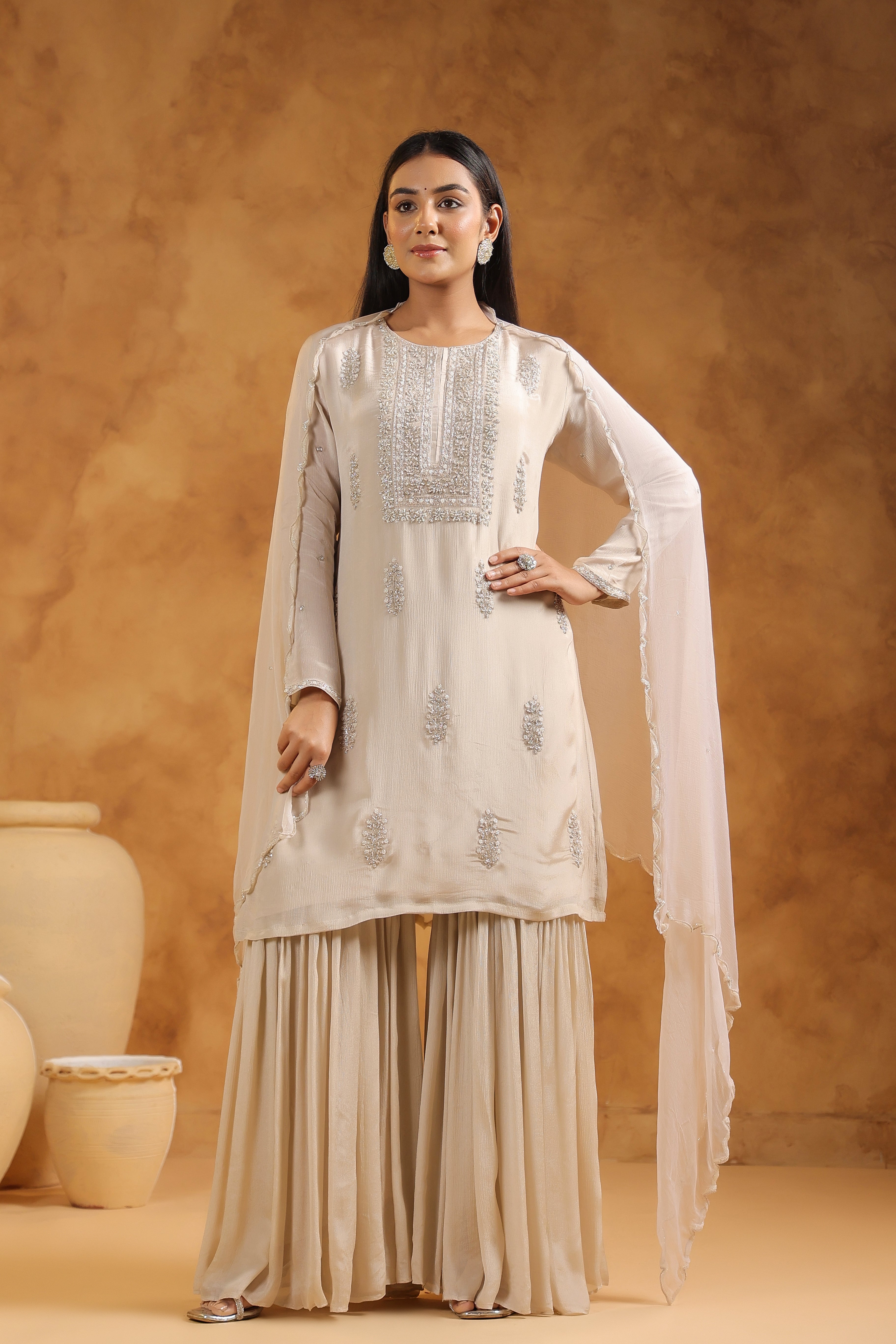 Beige Embellished Chinon Silk Sharara Set