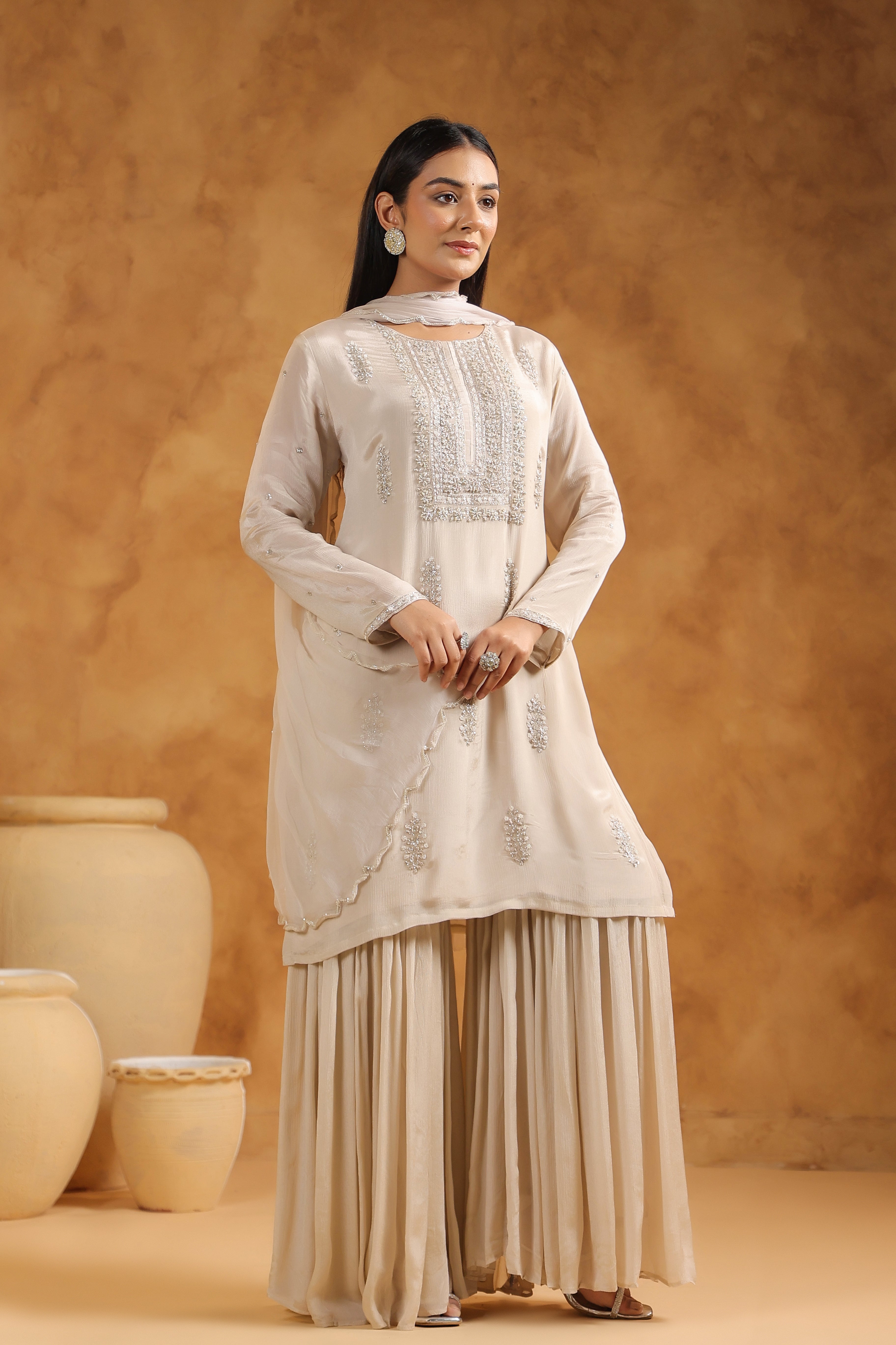 Beige Embellished Chinon Silk Sharara Set