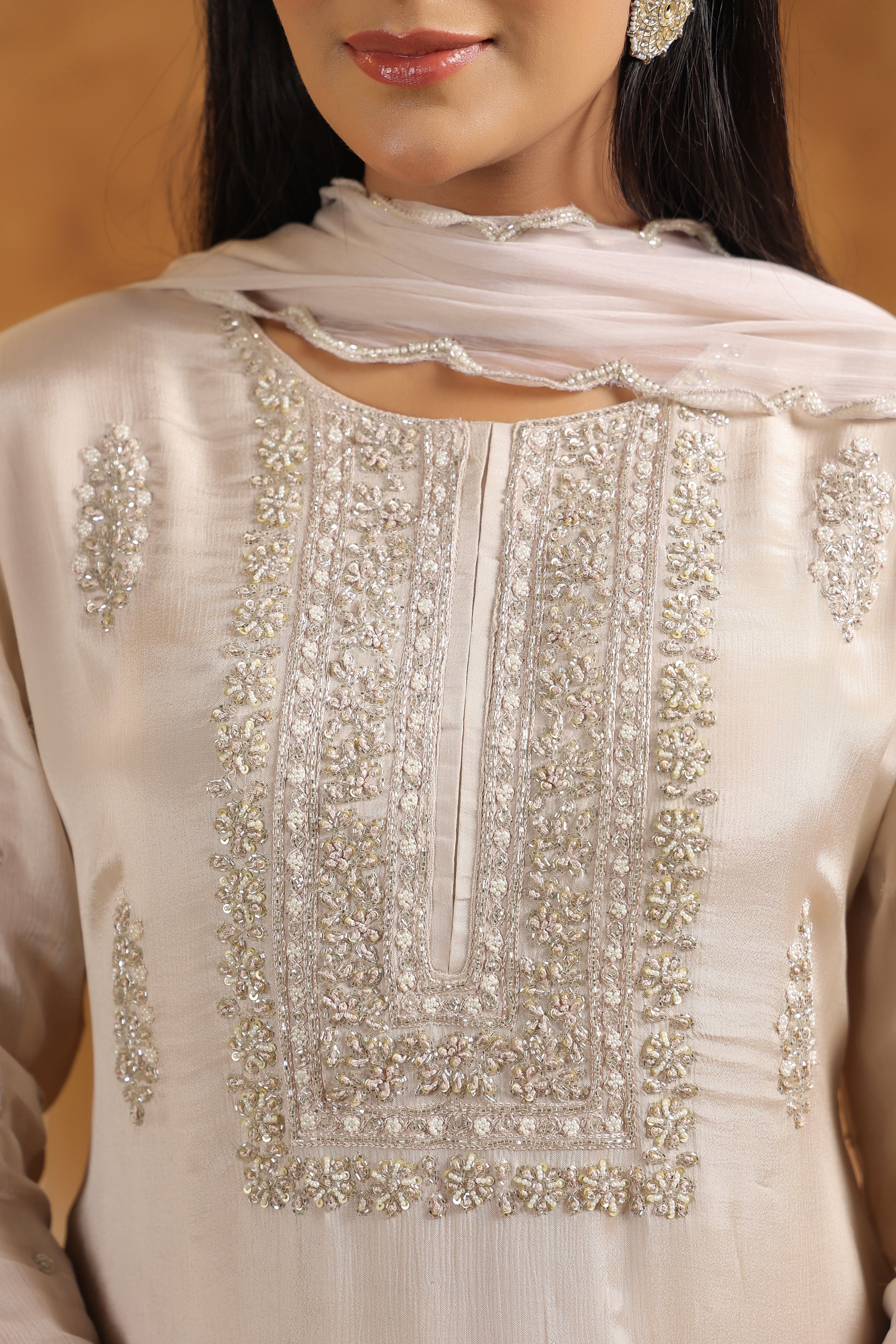 Beige Embellished Chinon Silk Sharara Set