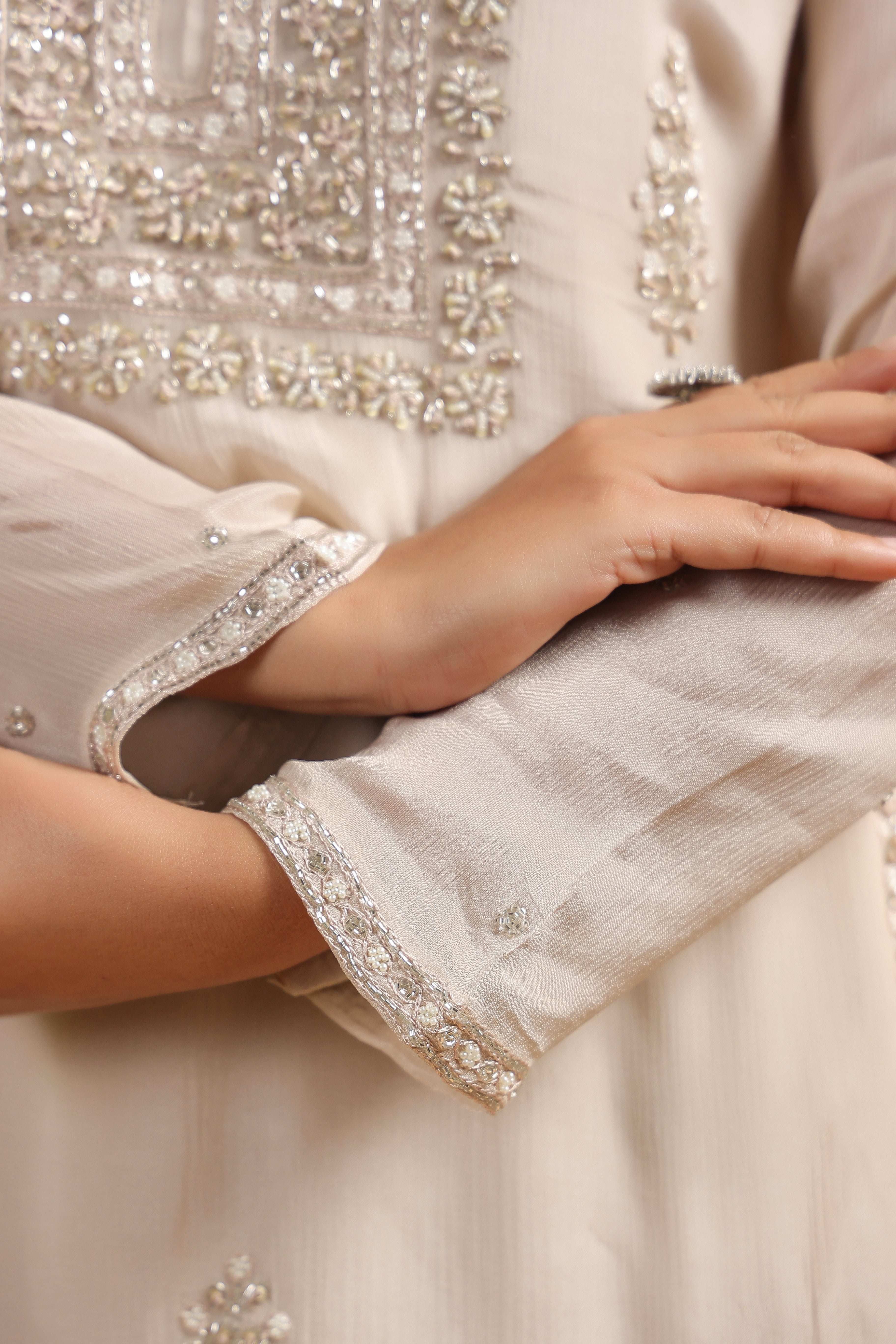 Beige Embellished Chinon Silk Sharara Set