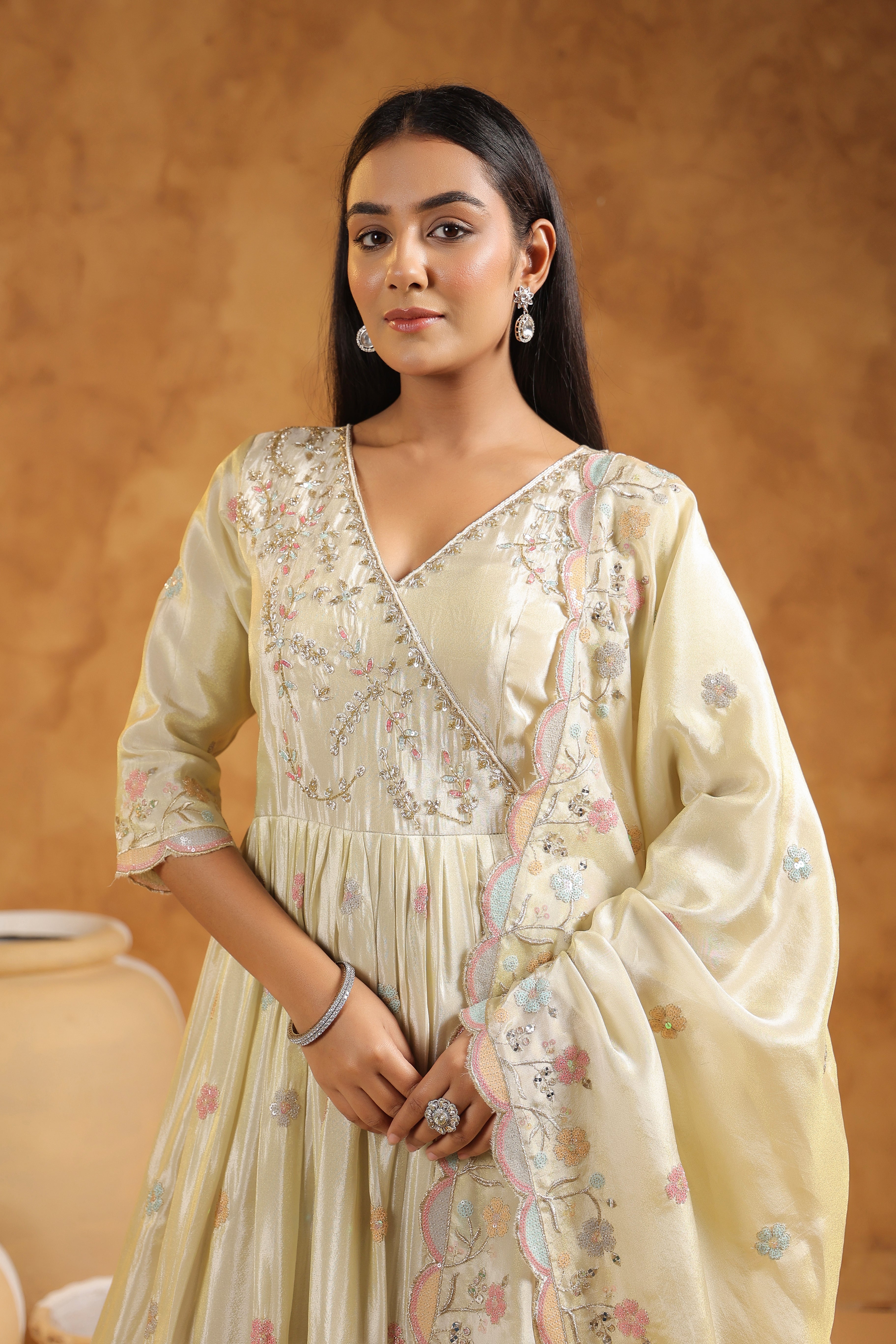Off-White Embellished Tissue Silk Anarkali Set