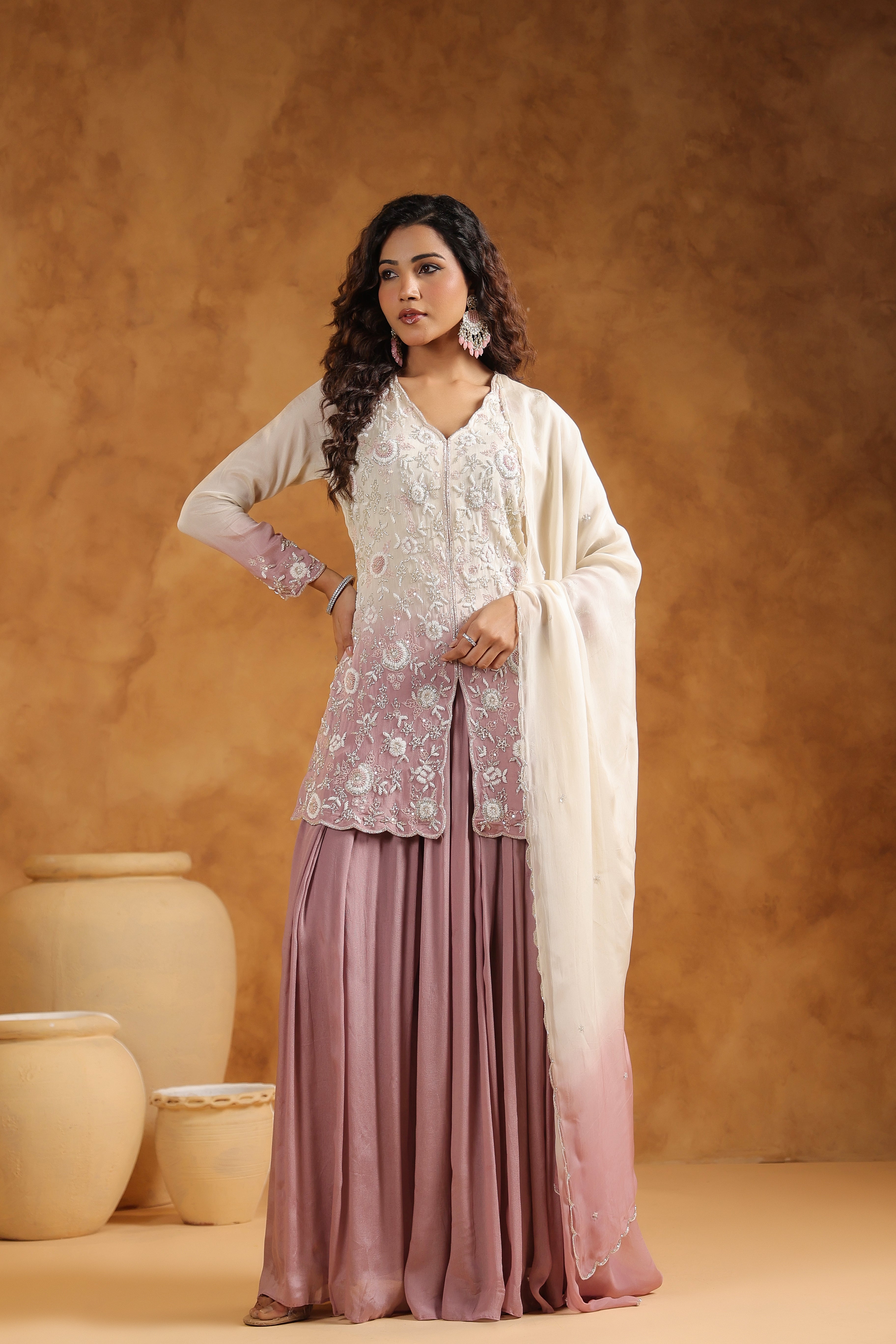 Shaded Mauve Embellished Chinon Silk Sharara Set