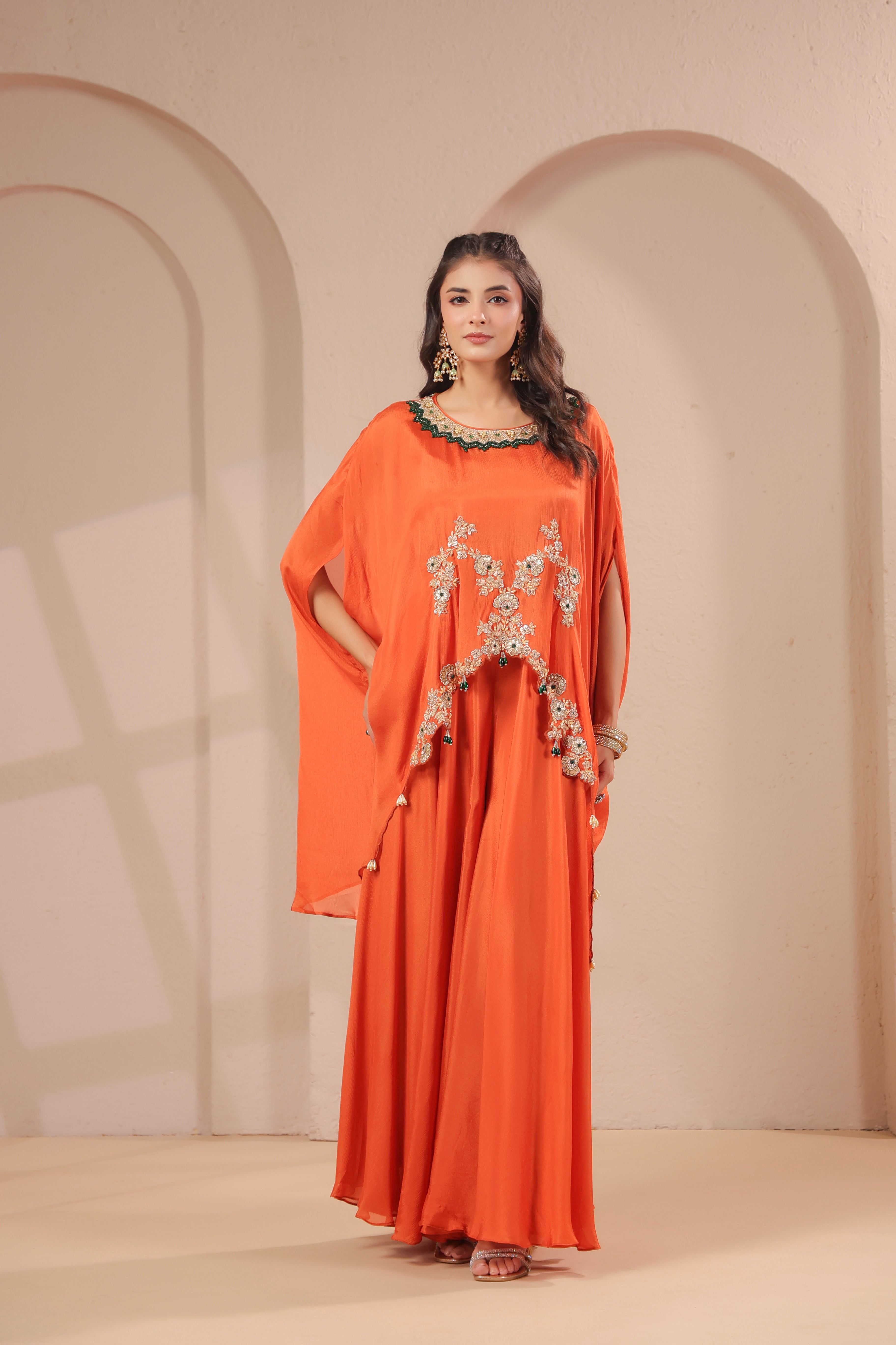 Orange Citrus Embellished Crepe Silk Skirt Set
