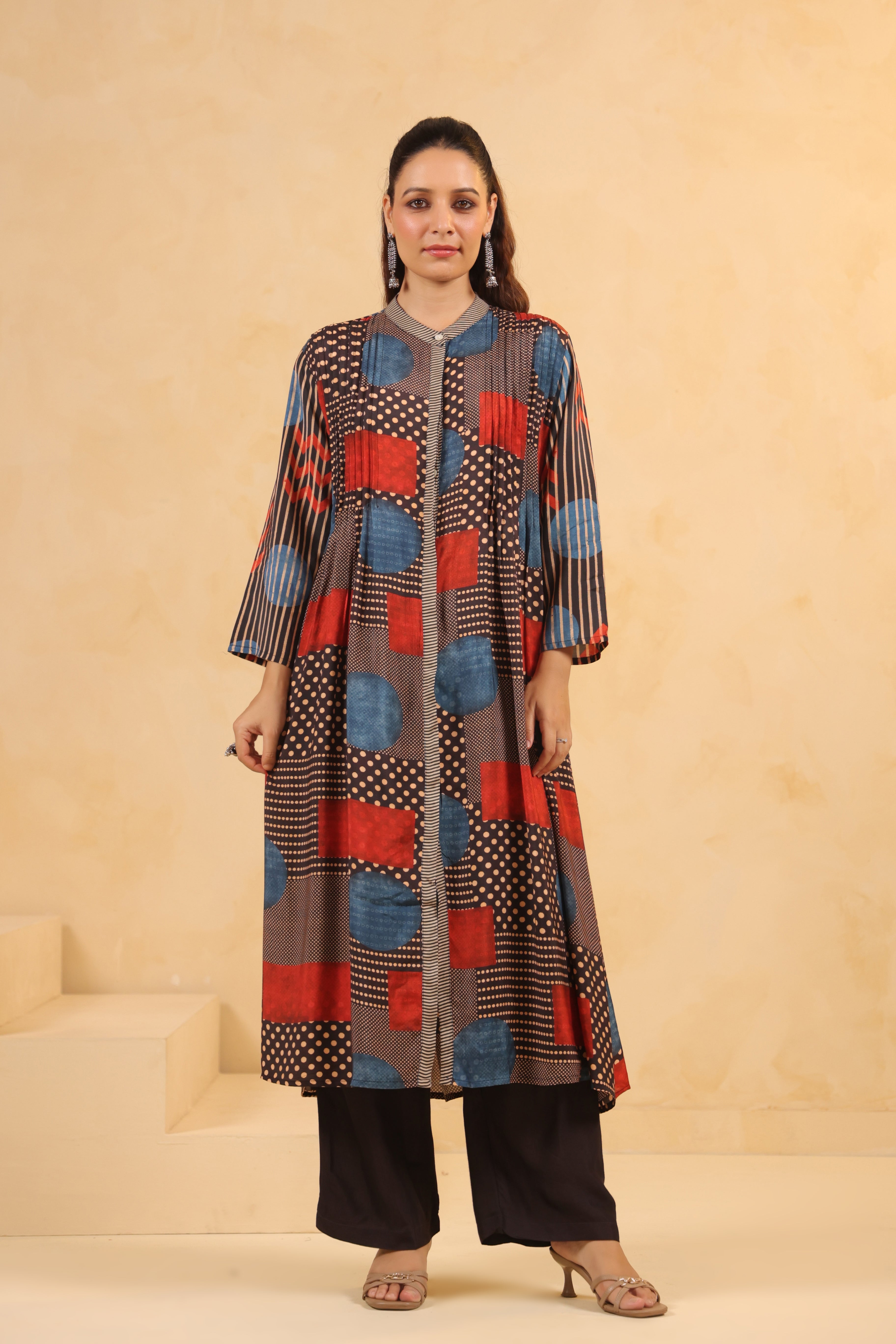 Multi Color Geometric Print Crepe Silk Kurta Set