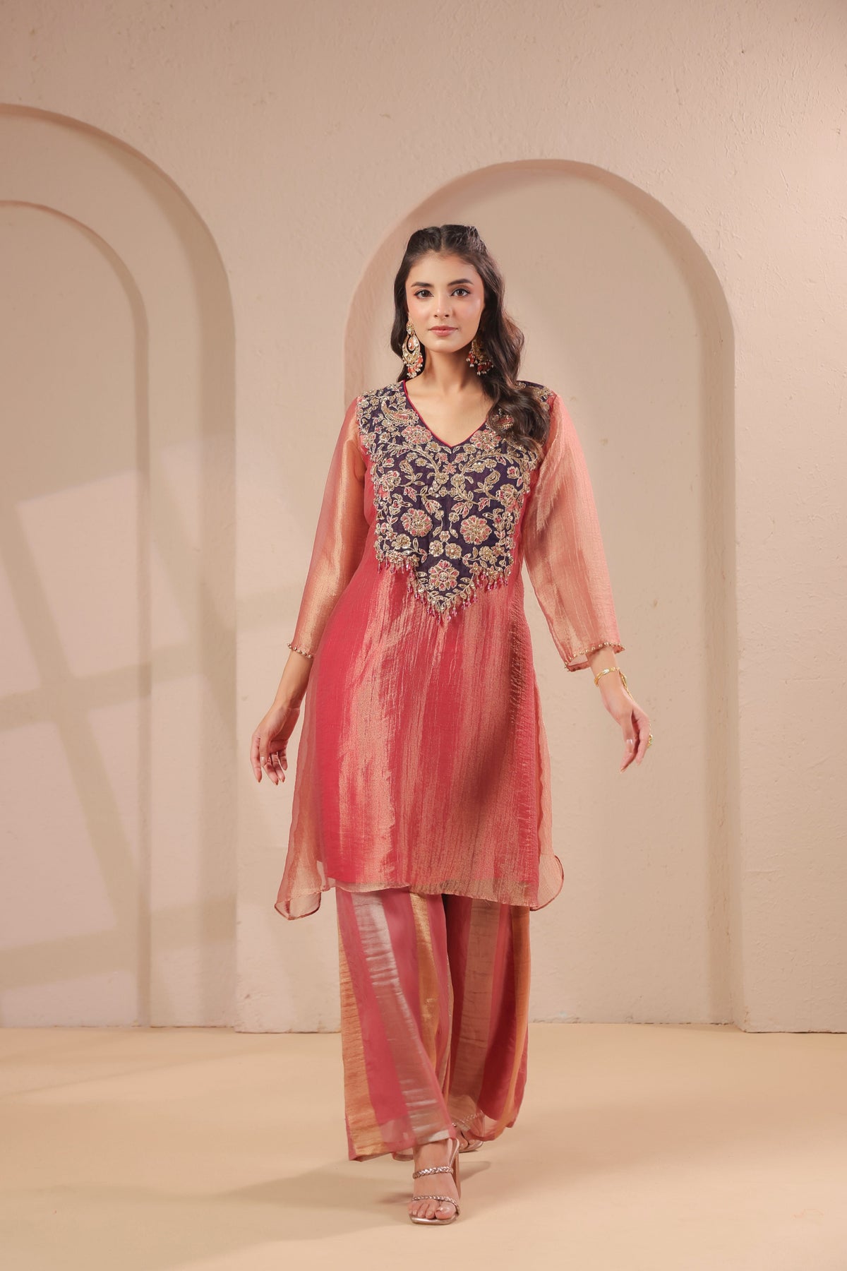 Coral Pink Embellished Organza Silk Palazzo Set