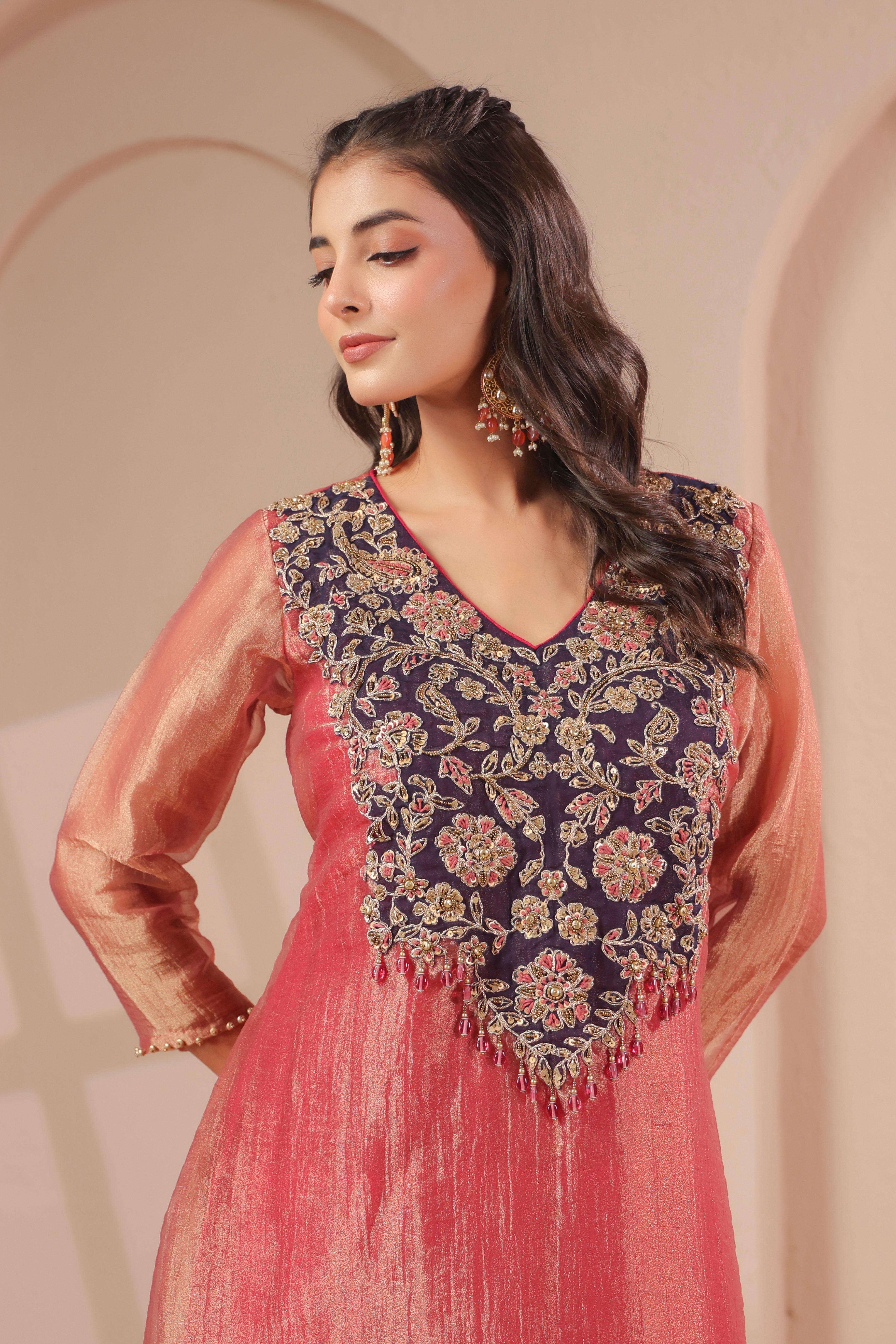 Coral Pink Embellished Organza Silk Palazzo Set