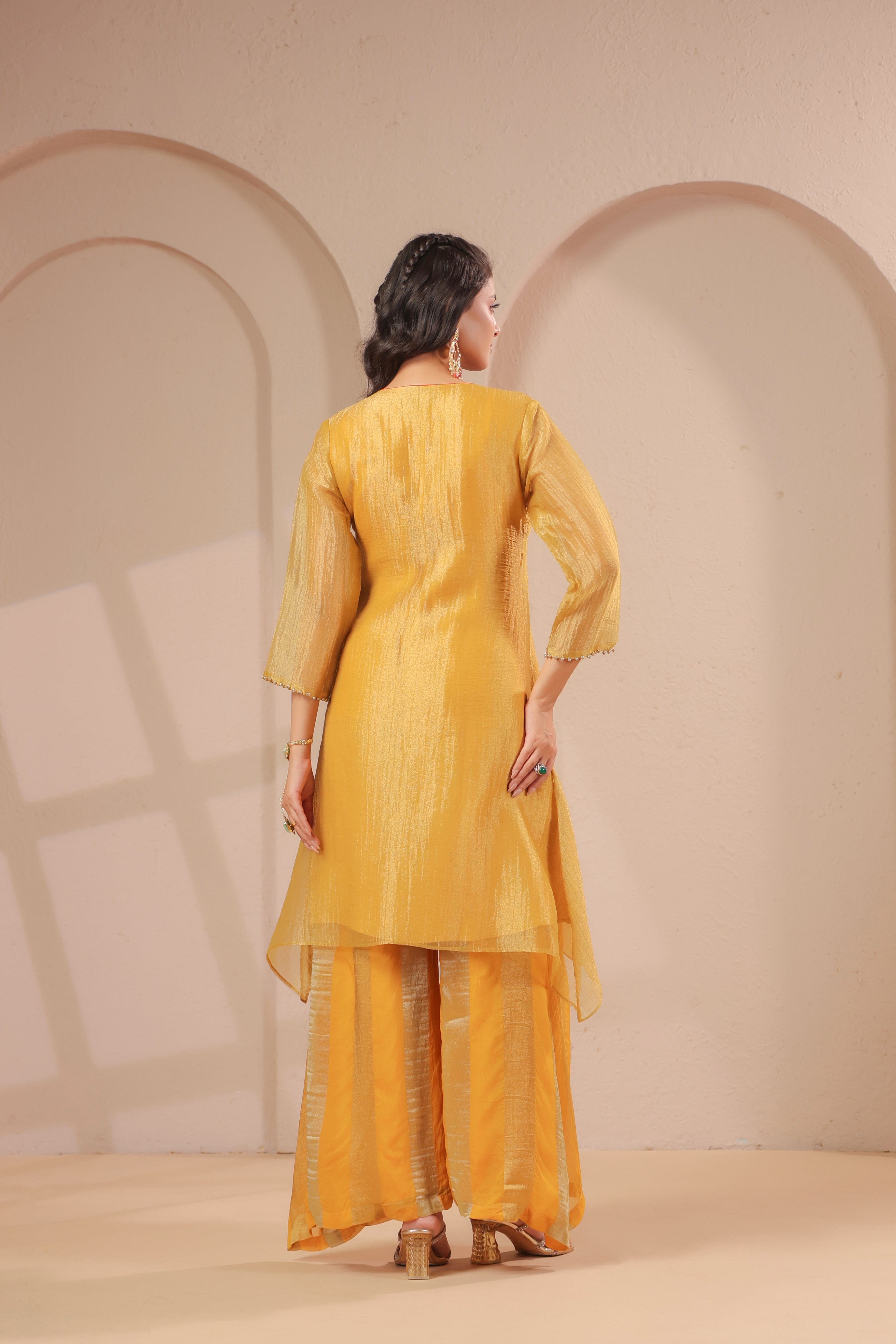 Sun-Gold Embellished Organza Silk Palazzo Set