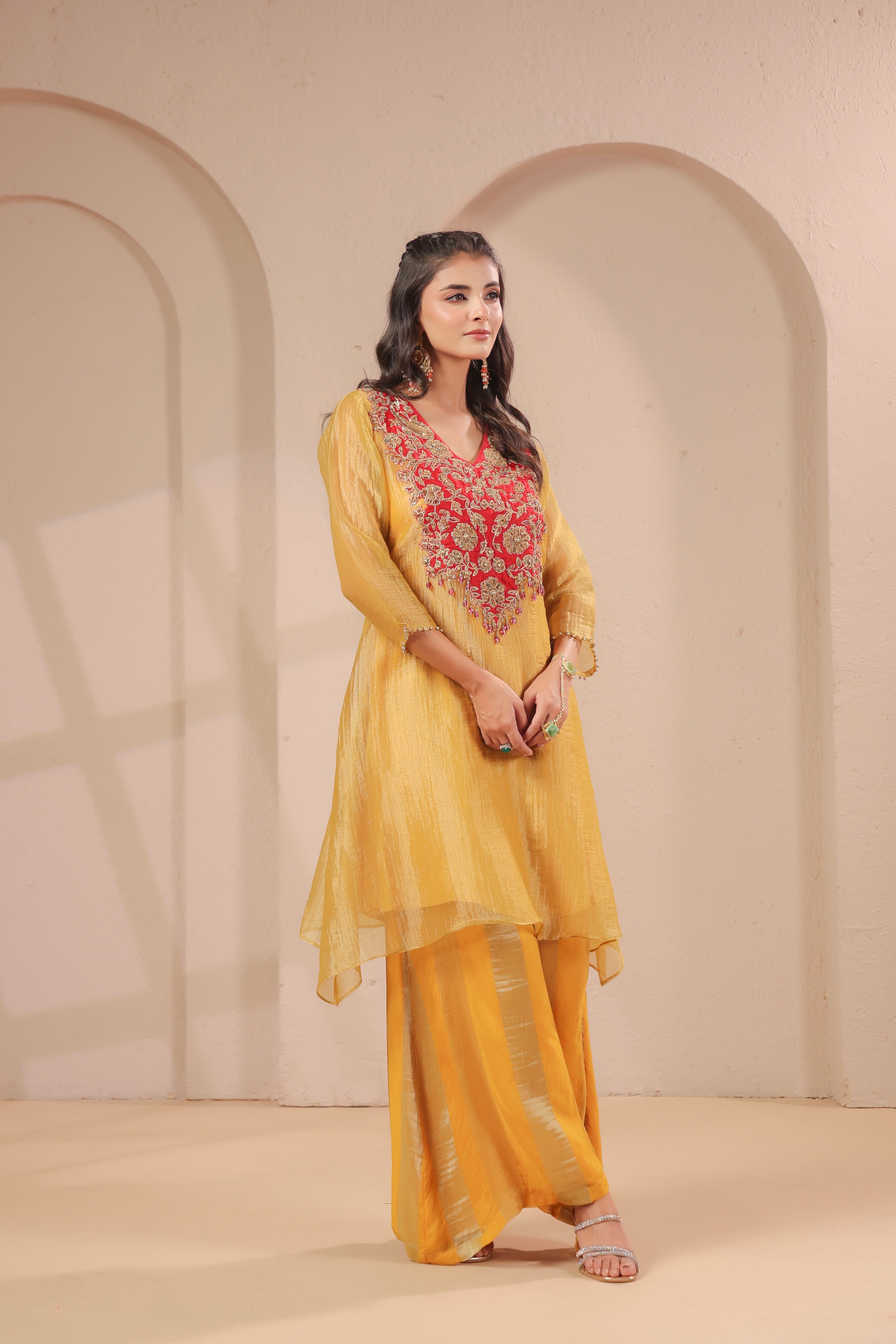 Sun-Gold Embellished Organza Silk Palazzo Set