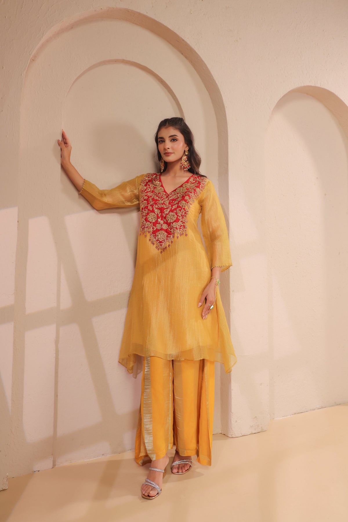 Sun-Gold Embellished Organza Silk Palazzo Set