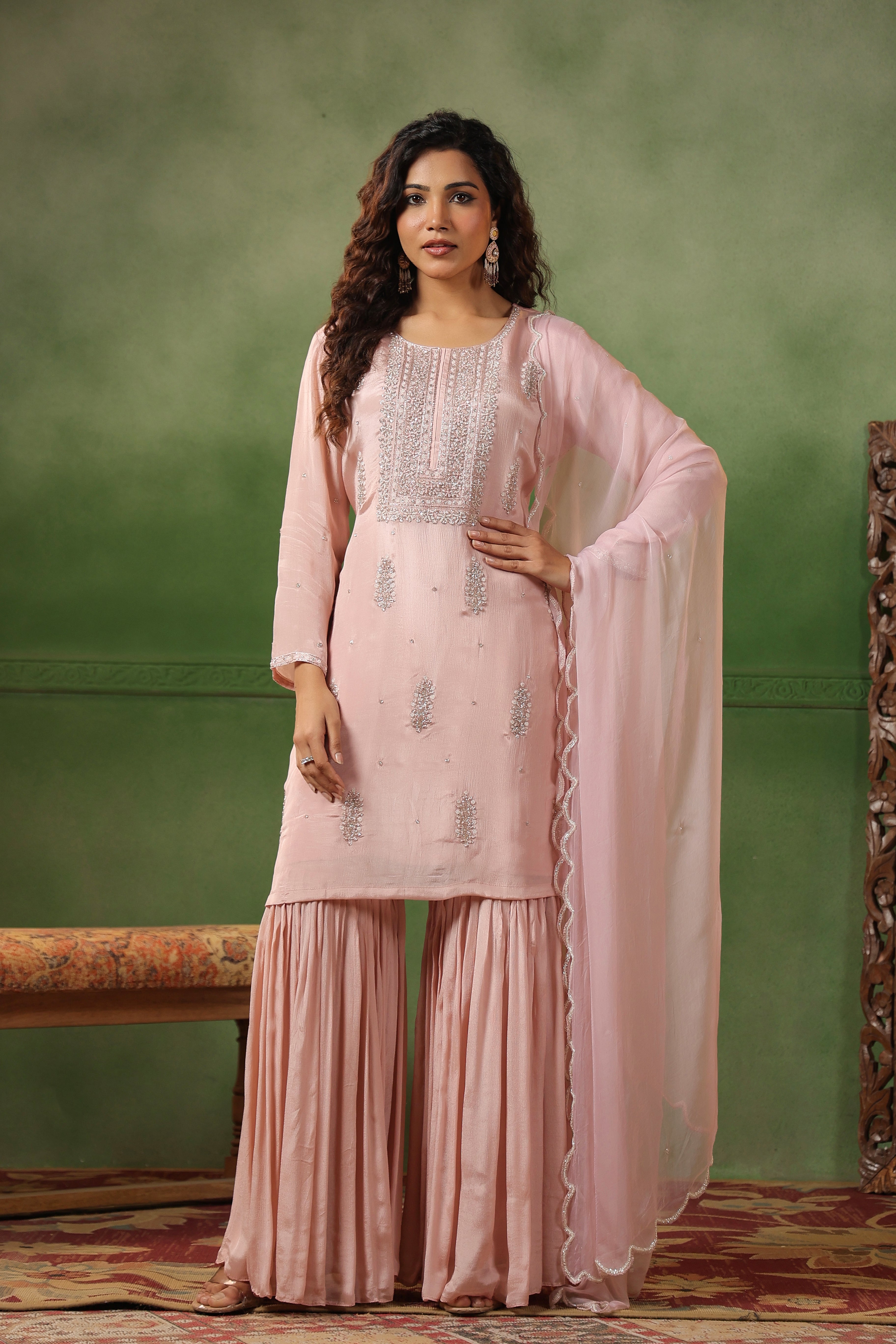 Blush Pink Embellished Chinon Silk Sharara Set