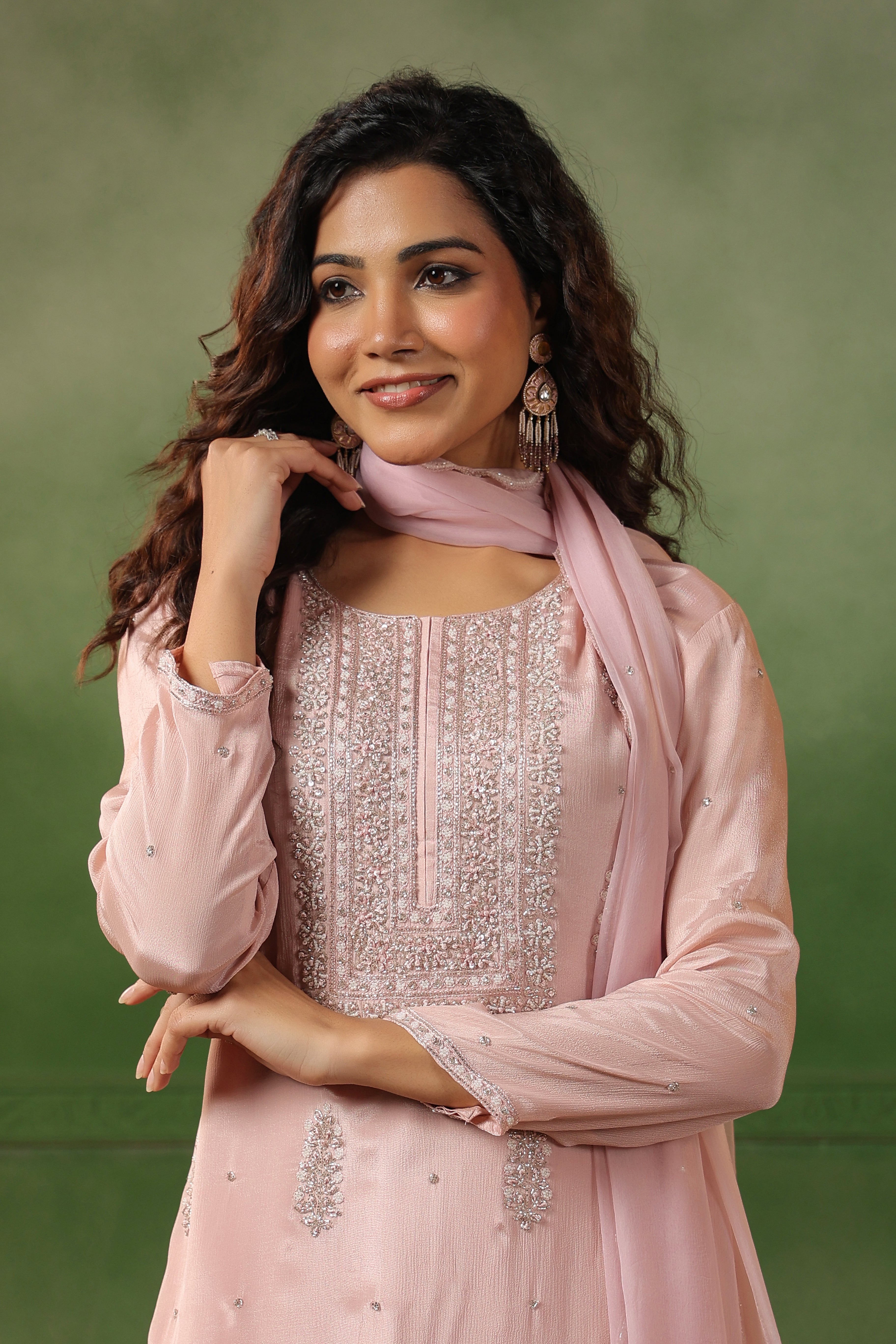Blush Pink Embellished Chinon Silk Sharara Set