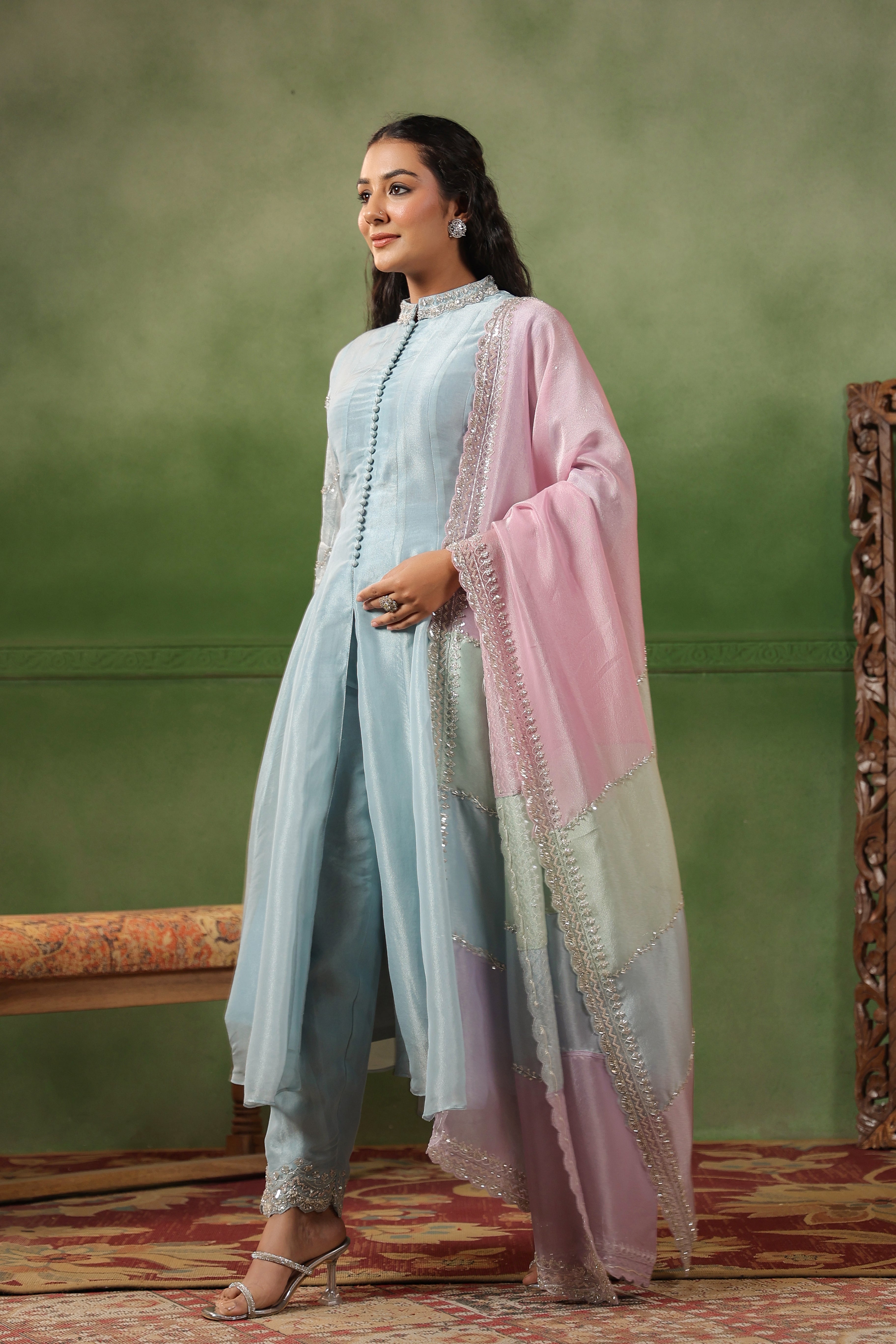 Sky Blue Embellished Tissue Silk Pant Set