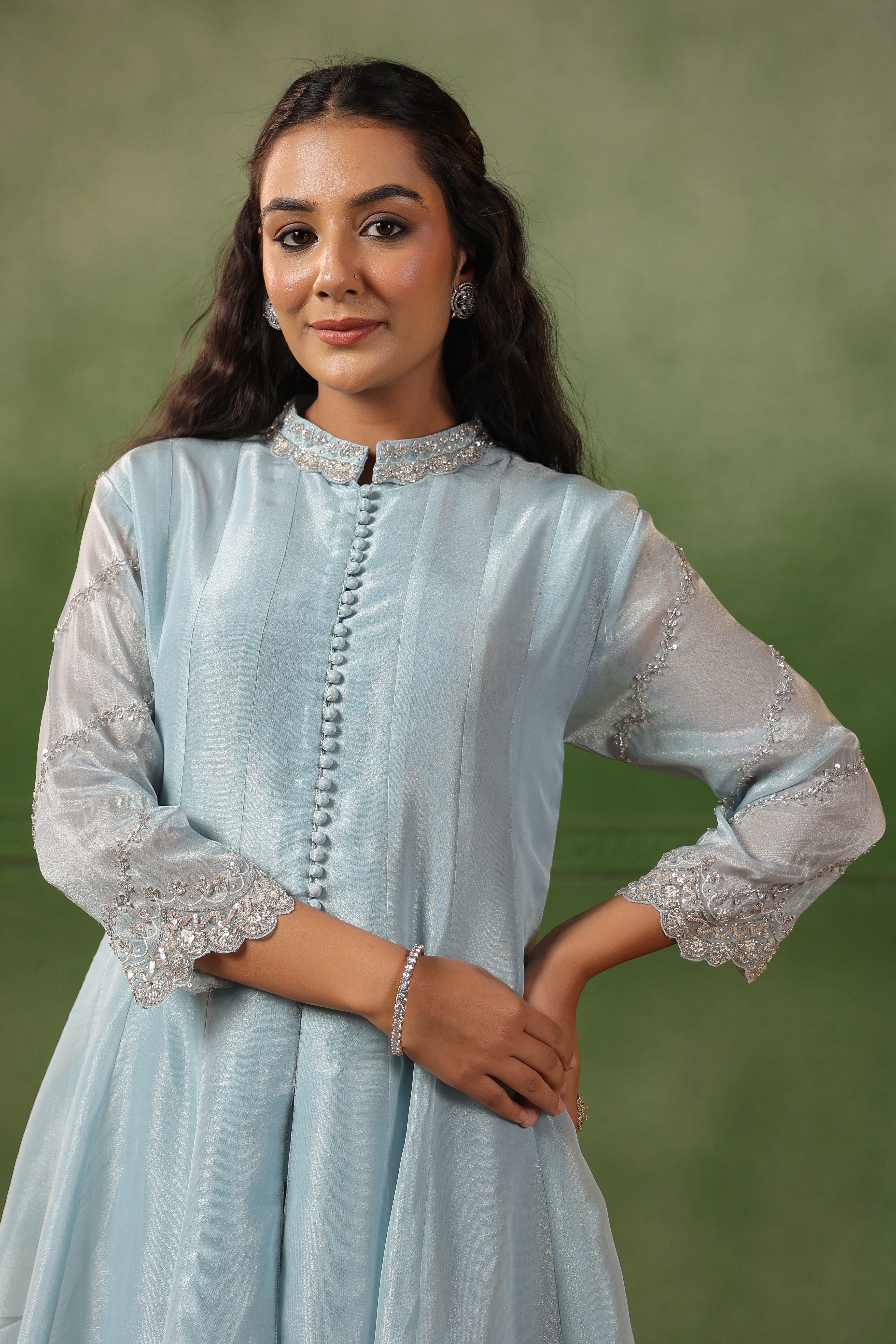 Sky Blue Embellished Tissue Silk Pant Set