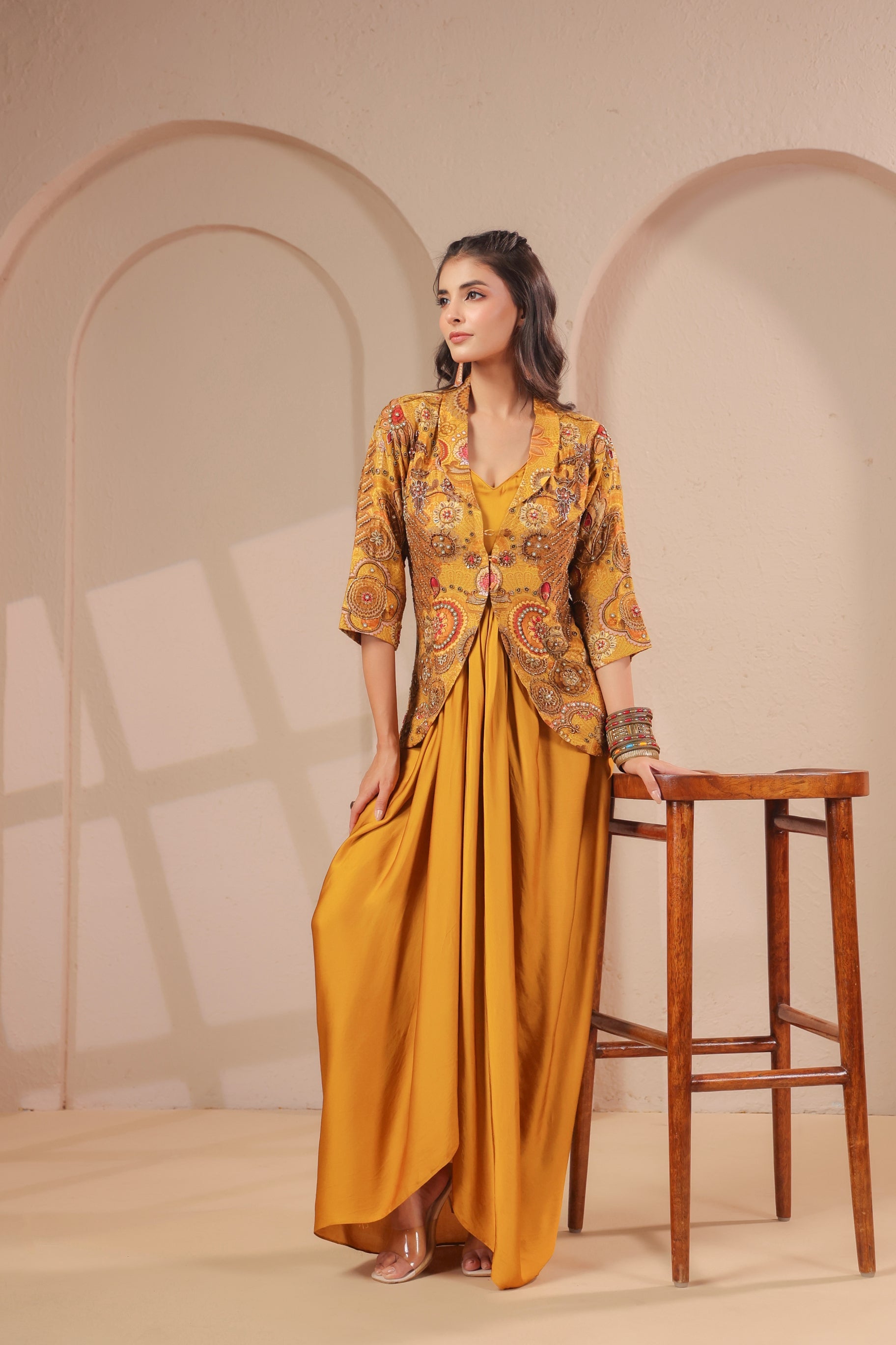 Golden Ochre Embellished Dola Silk Dress