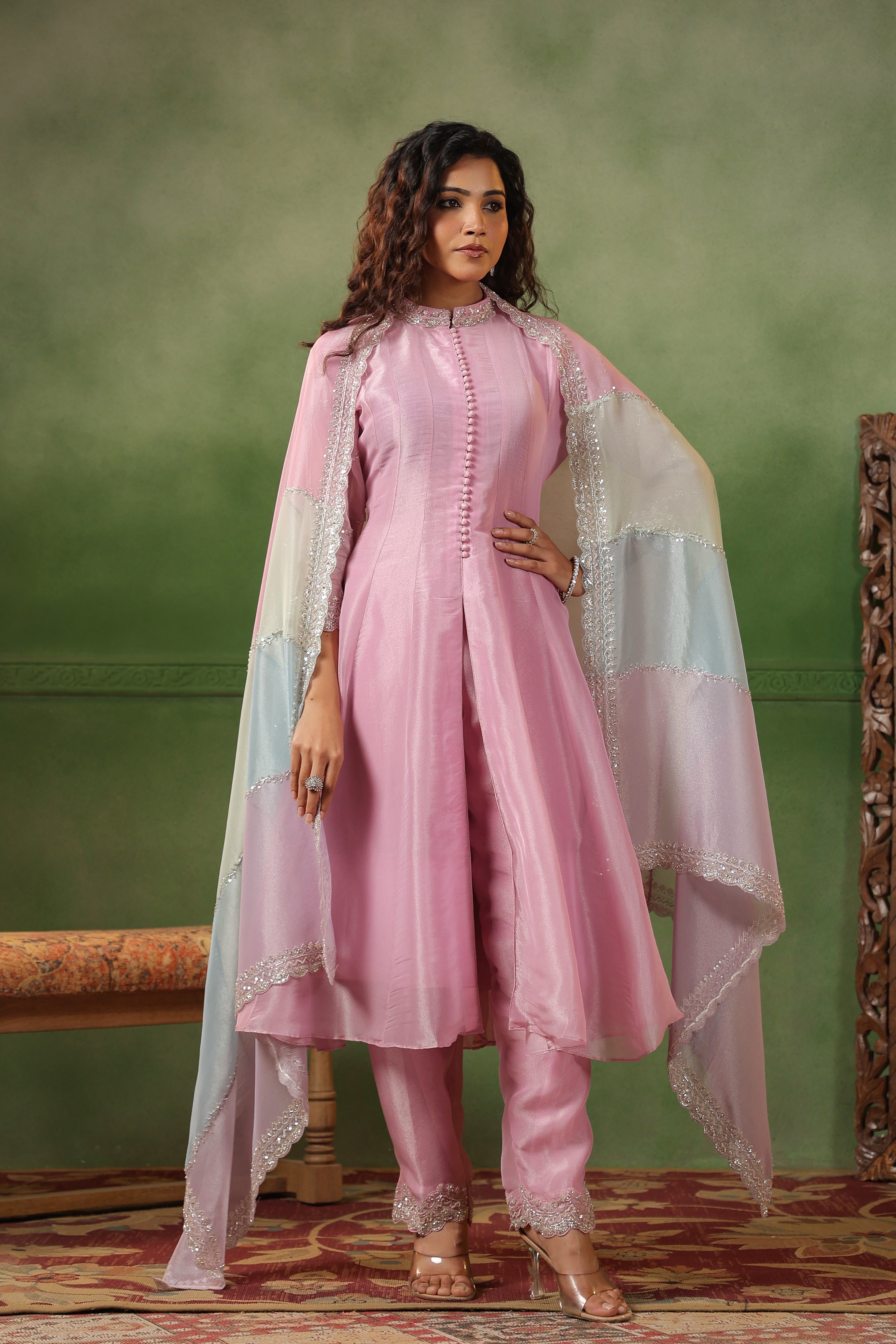 Pastel Pink Embellished Tissue Silk Pant Set