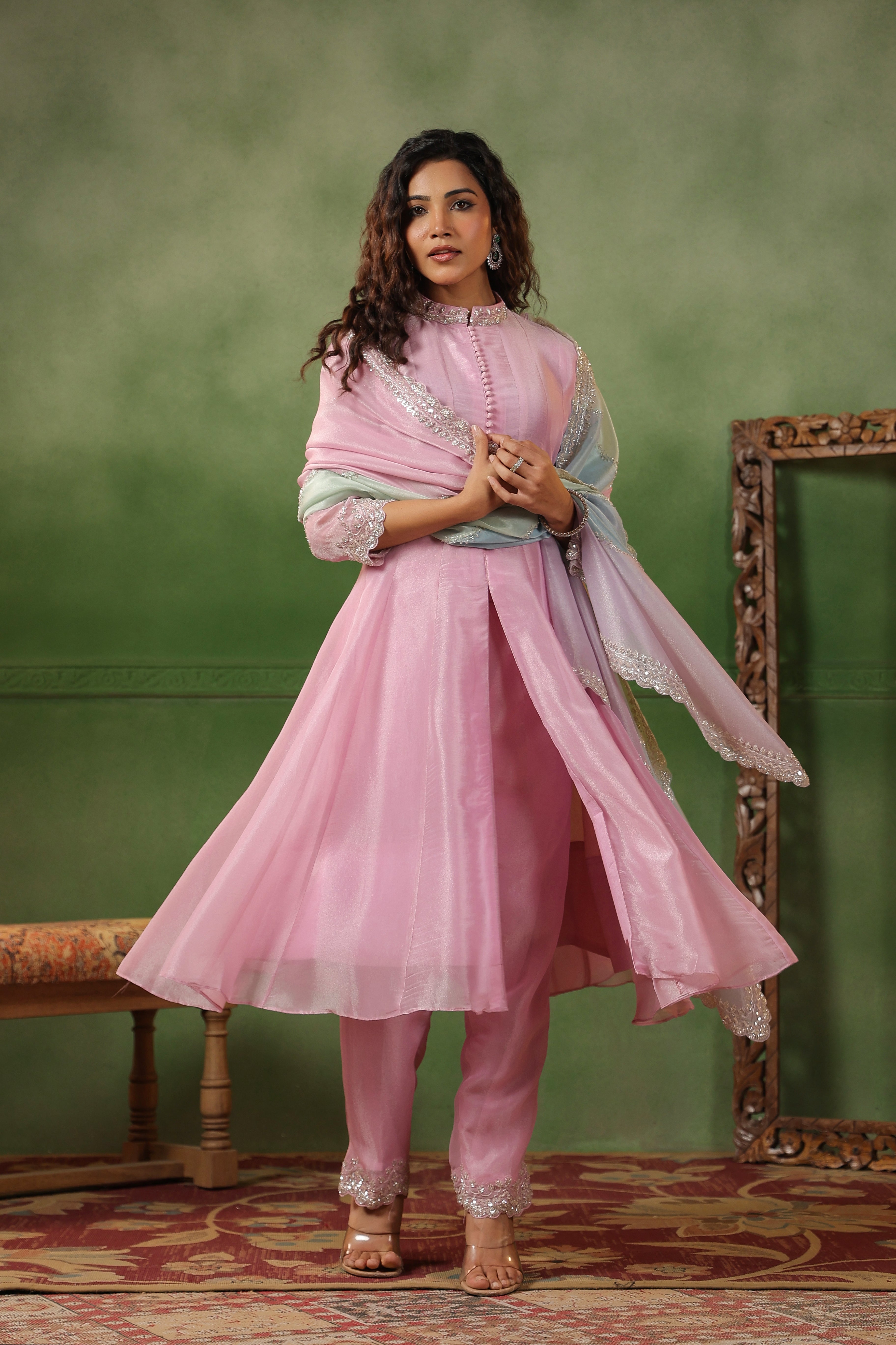 Pastel Pink Embellished Tissue Silk Pant Set