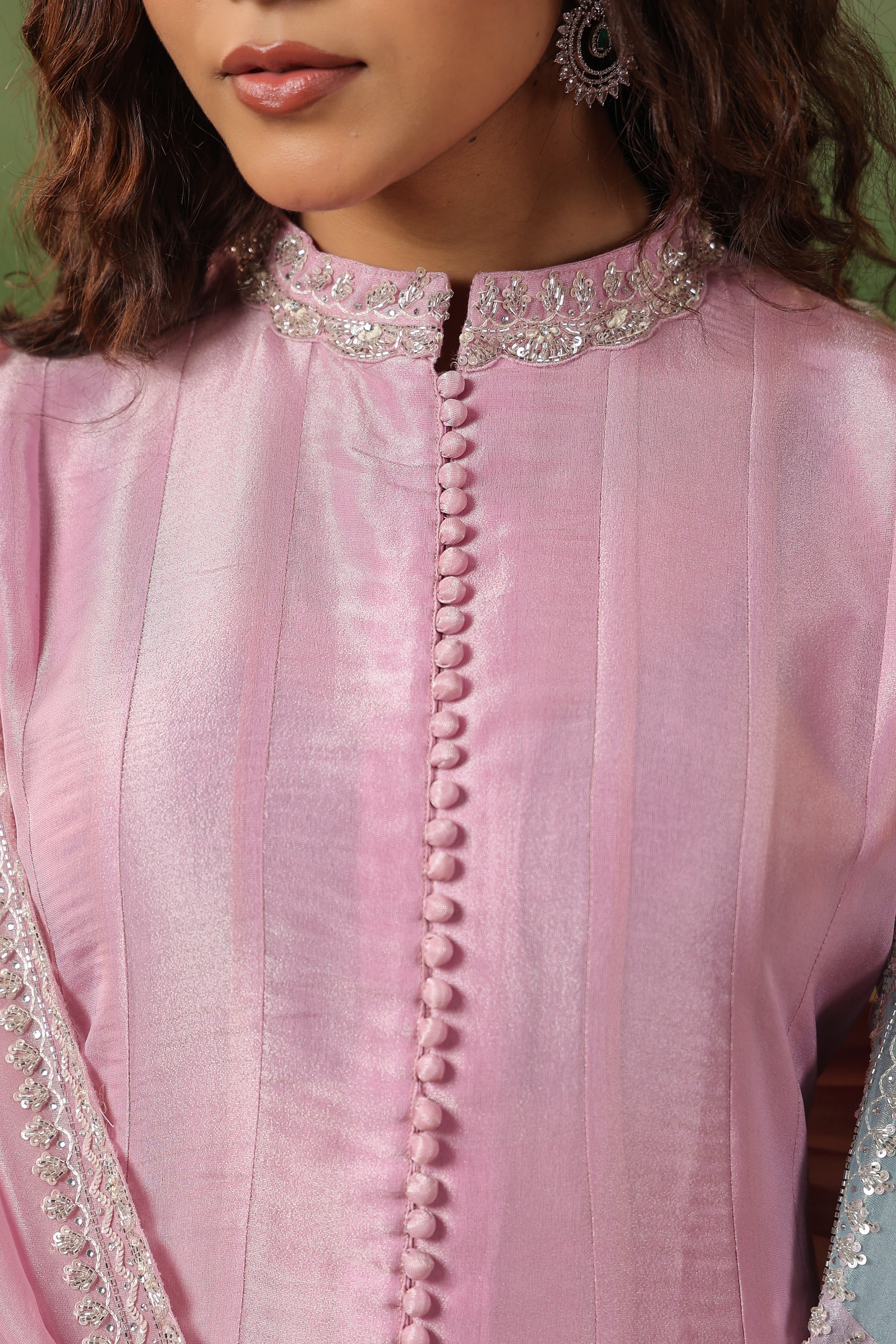 Pastel Pink Embellished Tissue Silk Pant Set