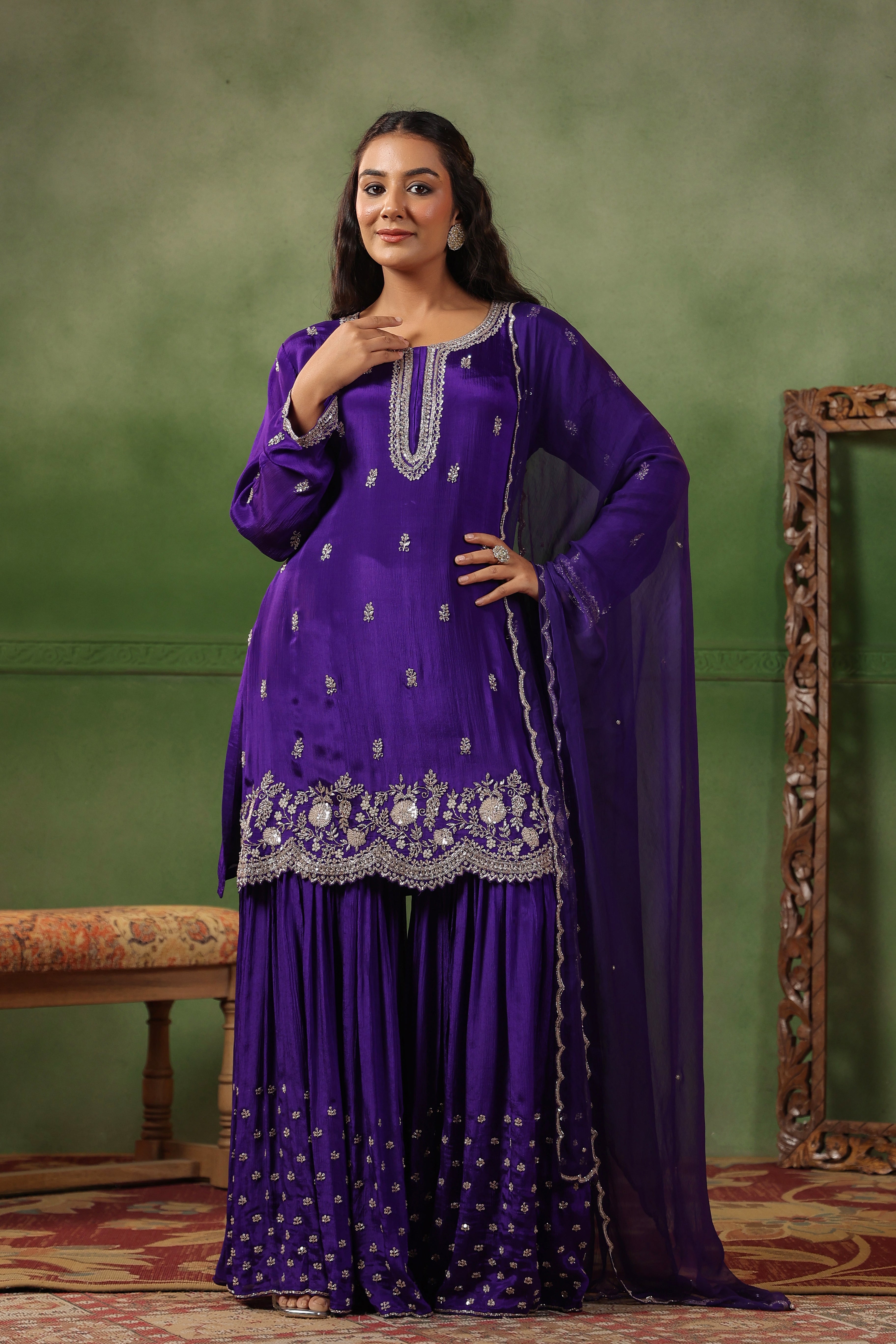 Royal Purple Embellished Chinon Silk Sharara Set