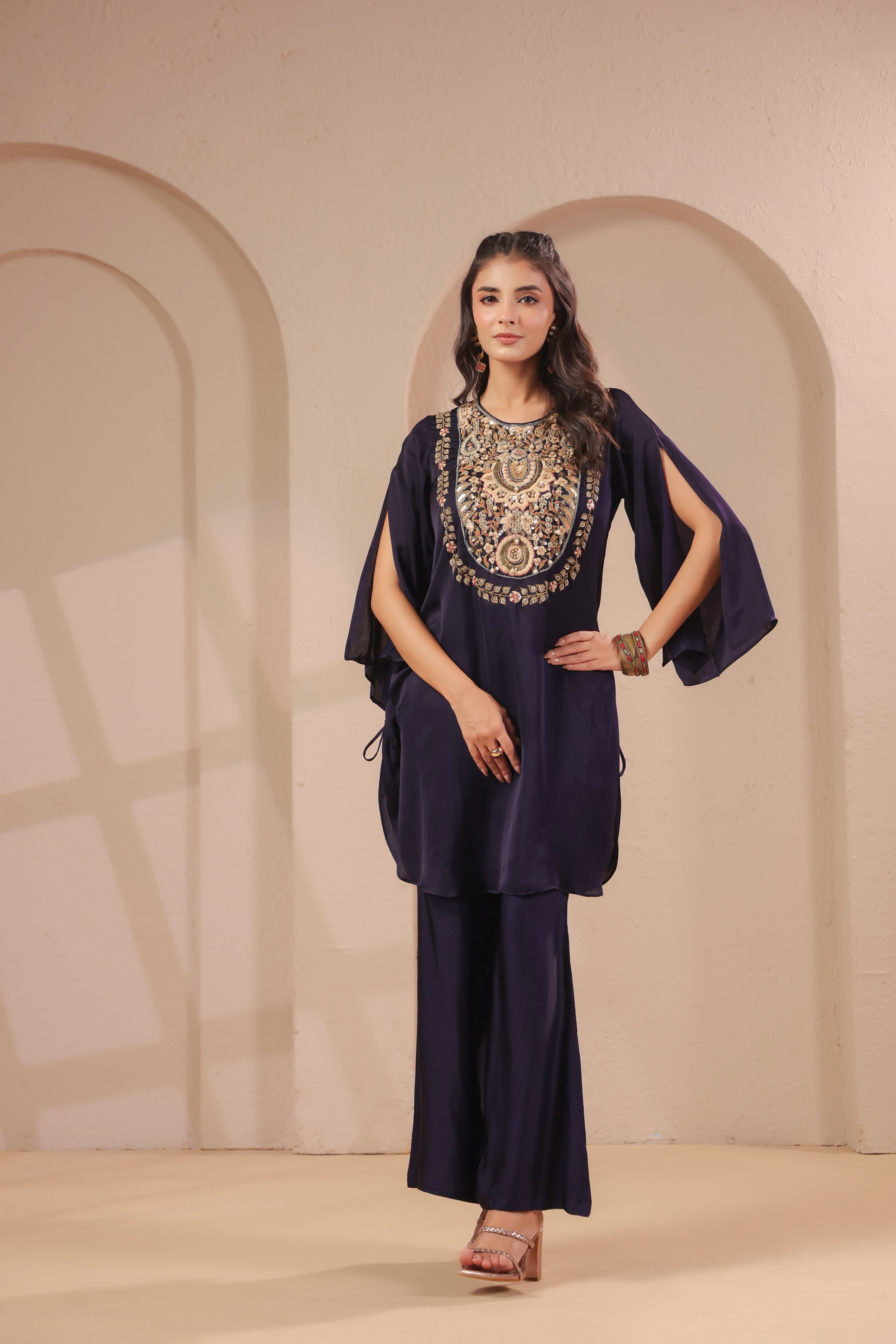 Midnight Navy Embellished Modal Silk Palazzo Set