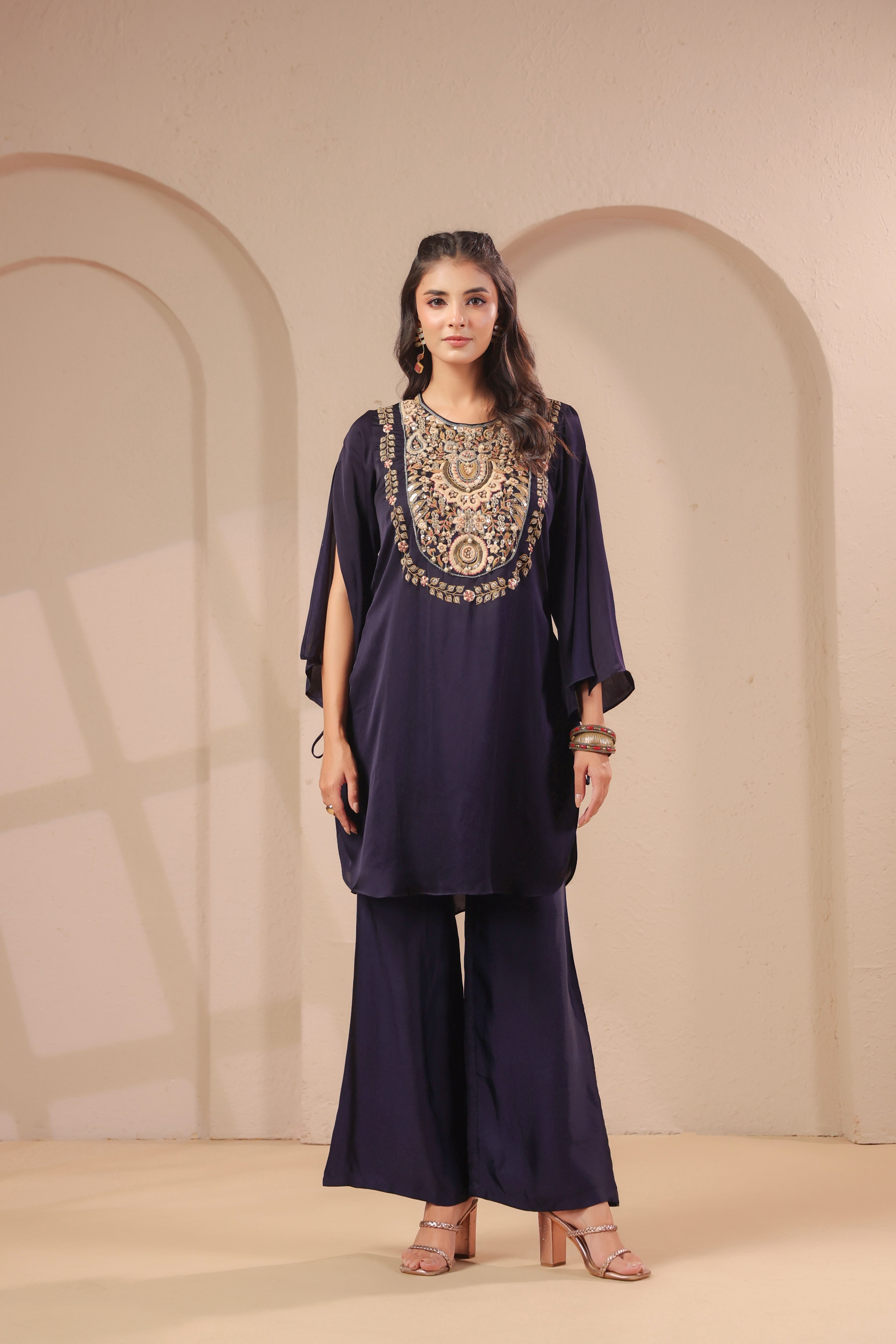 Midnight Navy Embellished Modal Silk Palazzo Set