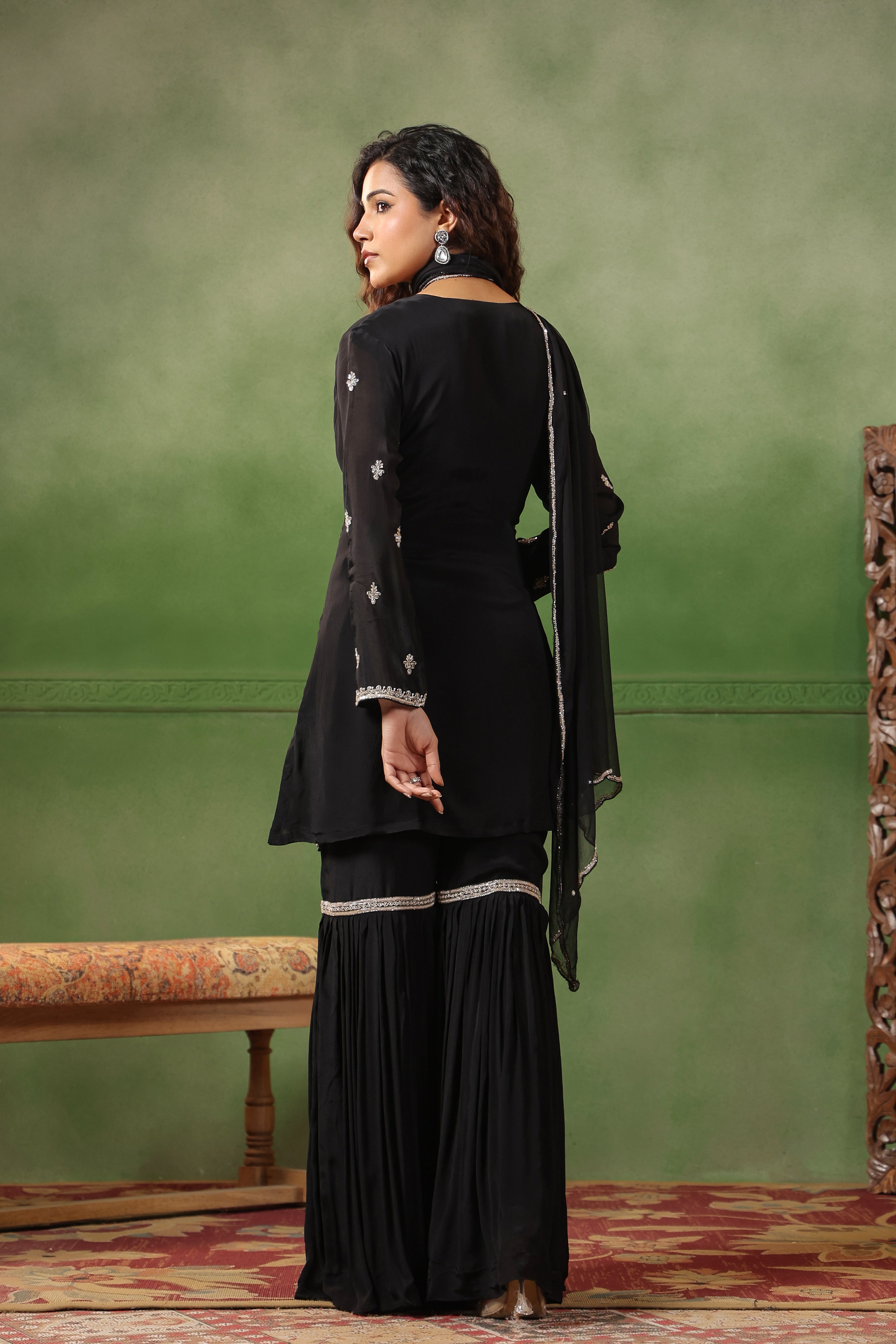 Classic Black Embellished Chinon Silk Sharara Set