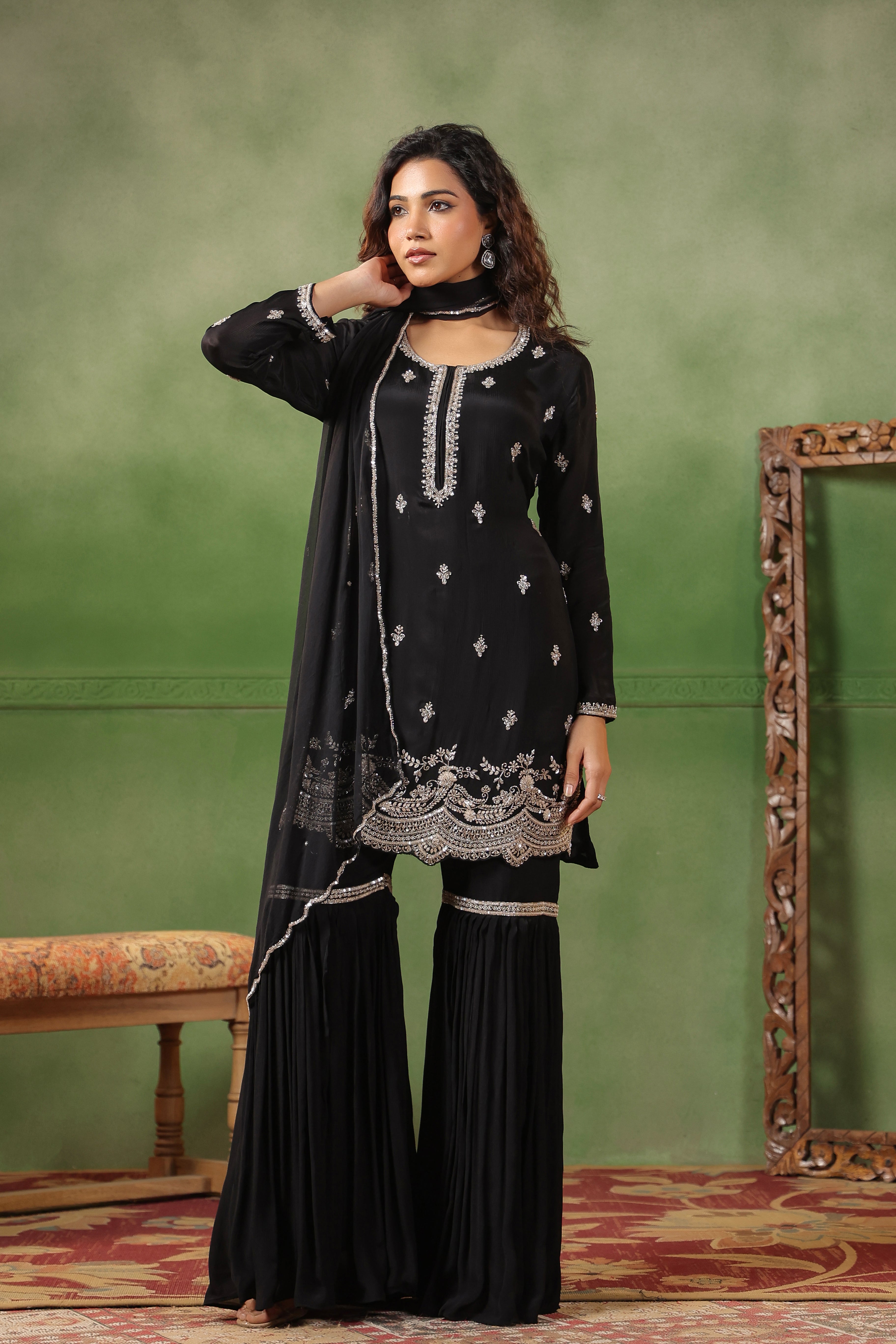 Classic Black Embellished Chinon Silk Sharara Set