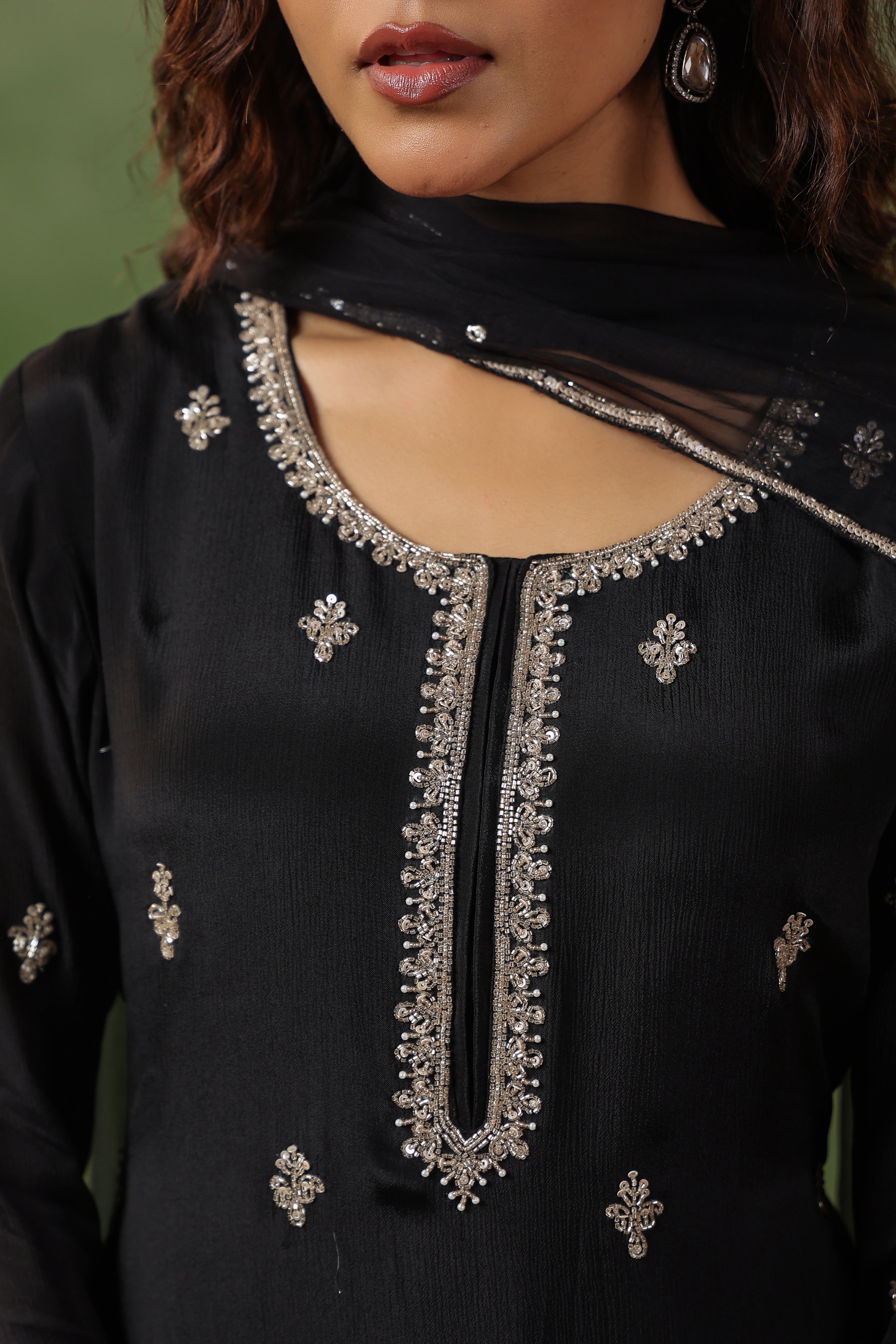 Classic Black Embellished Chinon Silk Sharara Set