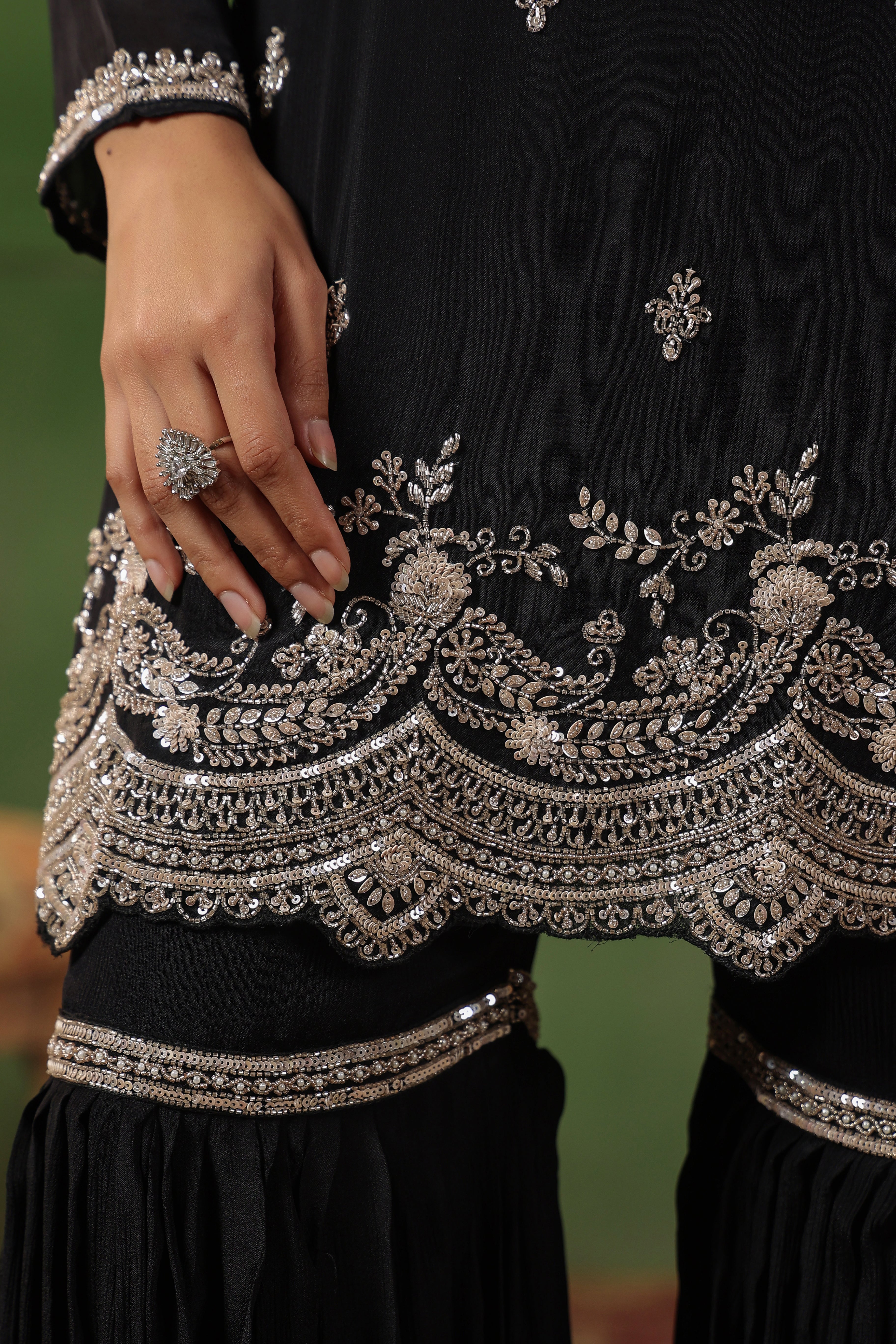 Classic Black Embellished Chinon Silk Sharara Set