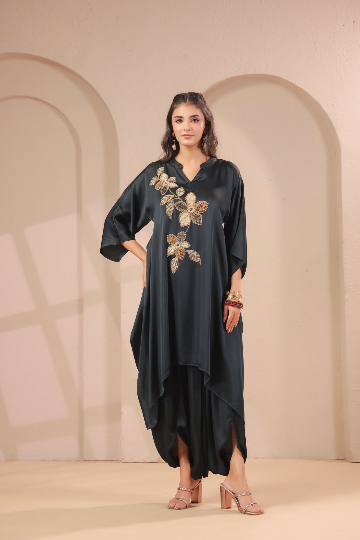 Charcoal Floral Embellished Modal Silk Dhoti Set