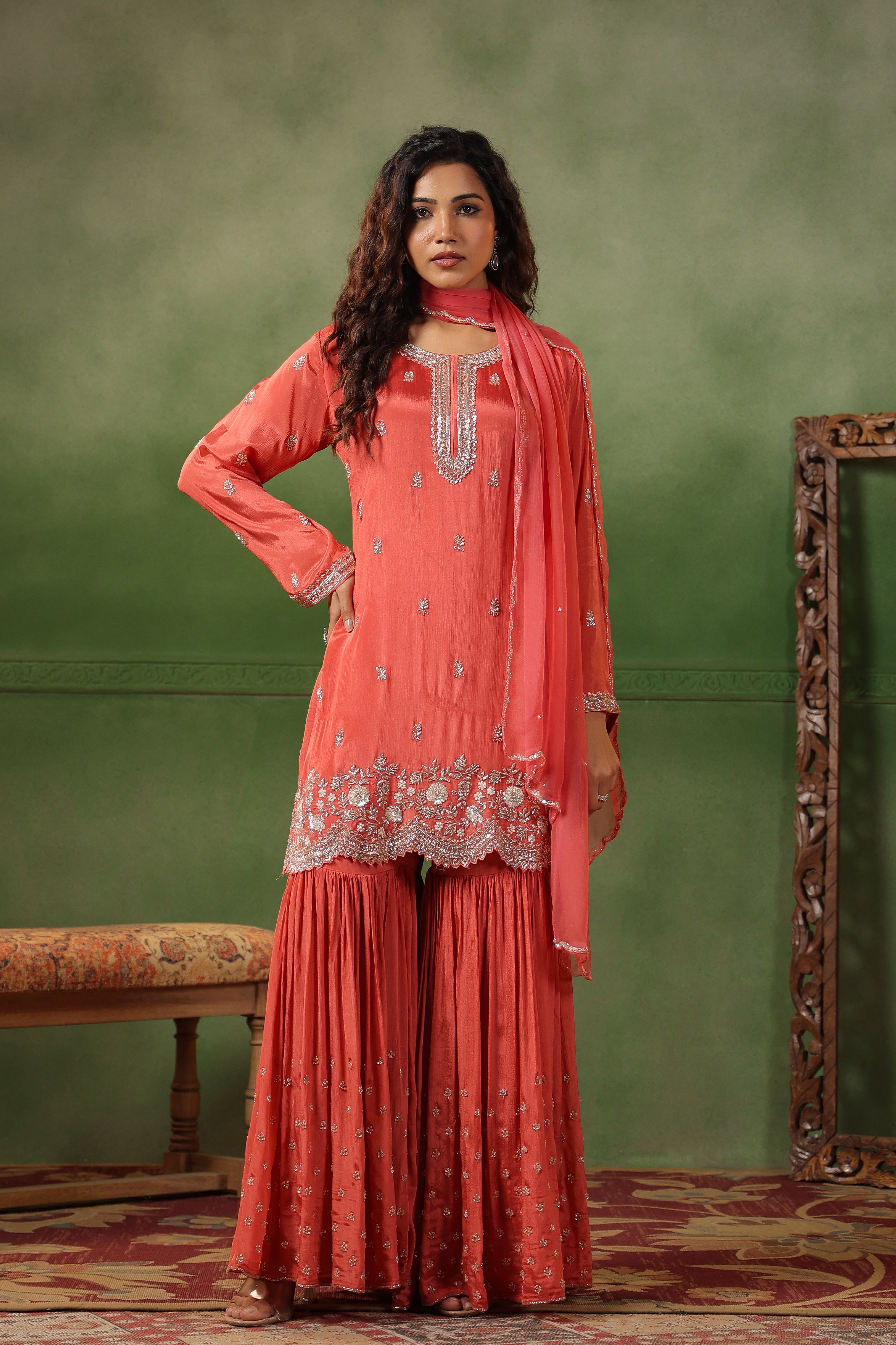 Coral Pink Embellished Chinon Silk Sharara Set