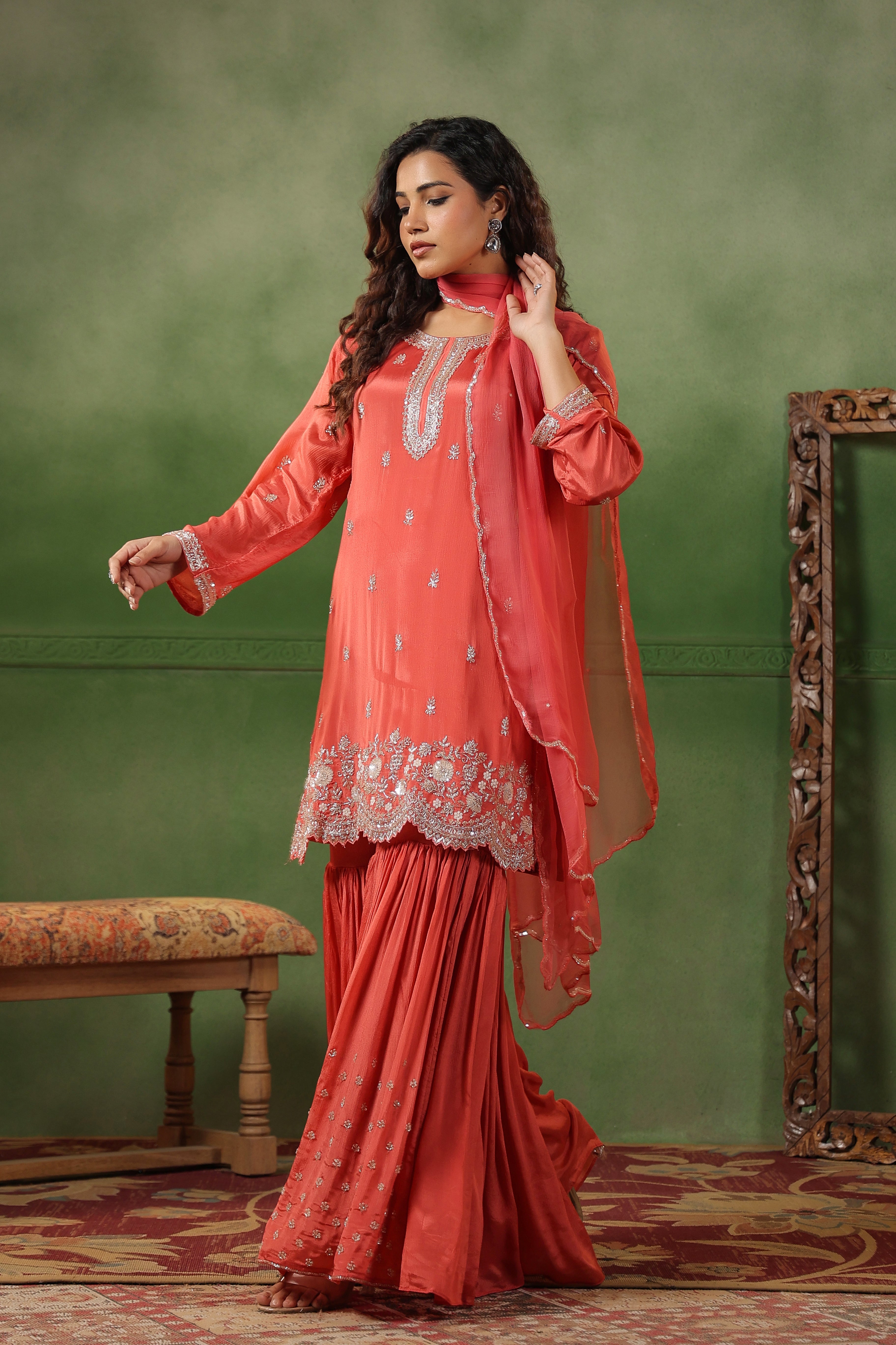 Coral Pink Embellished Chinon Silk Sharara Set
