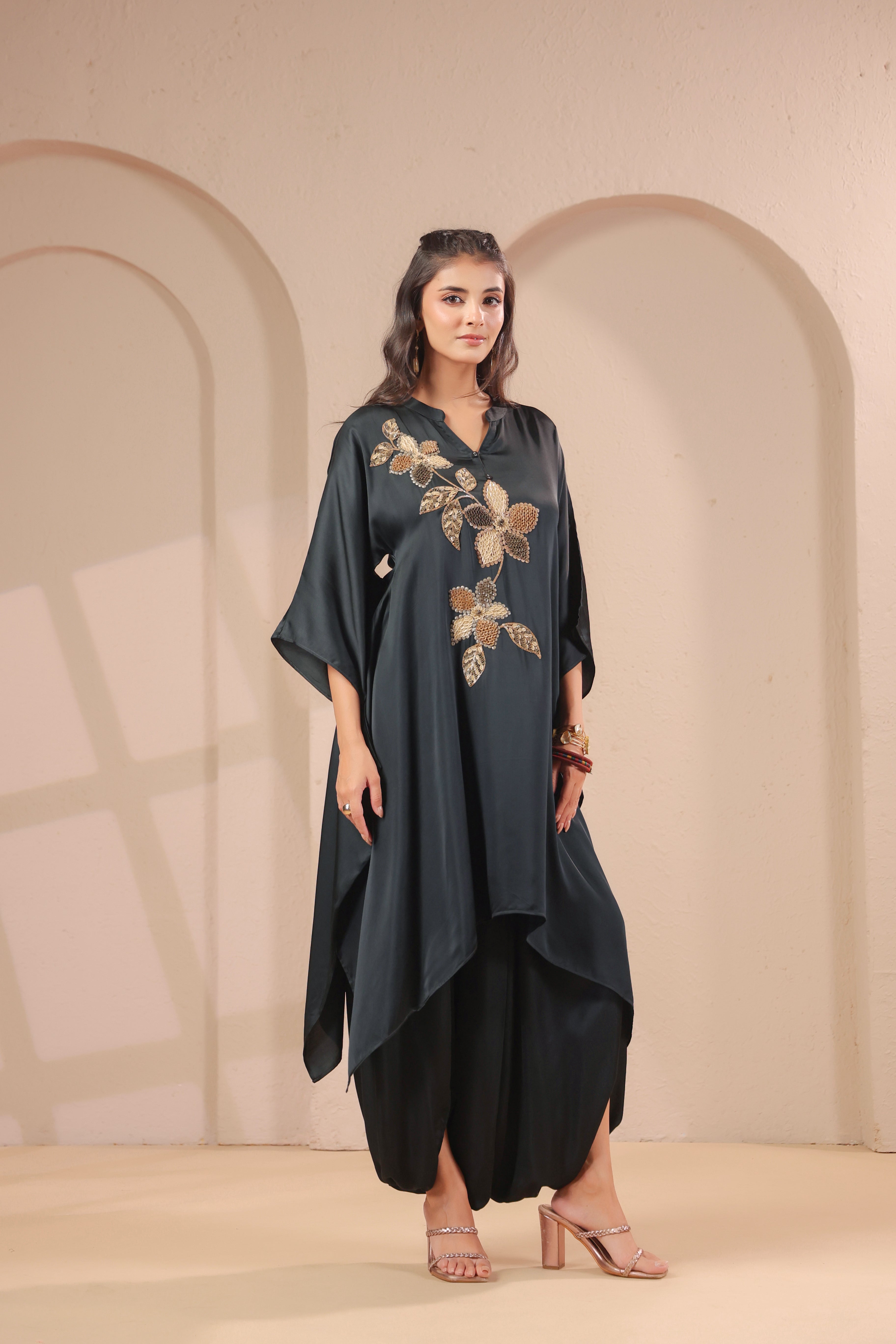 Charcoal Floral Embellished Modal Silk Dhoti Set