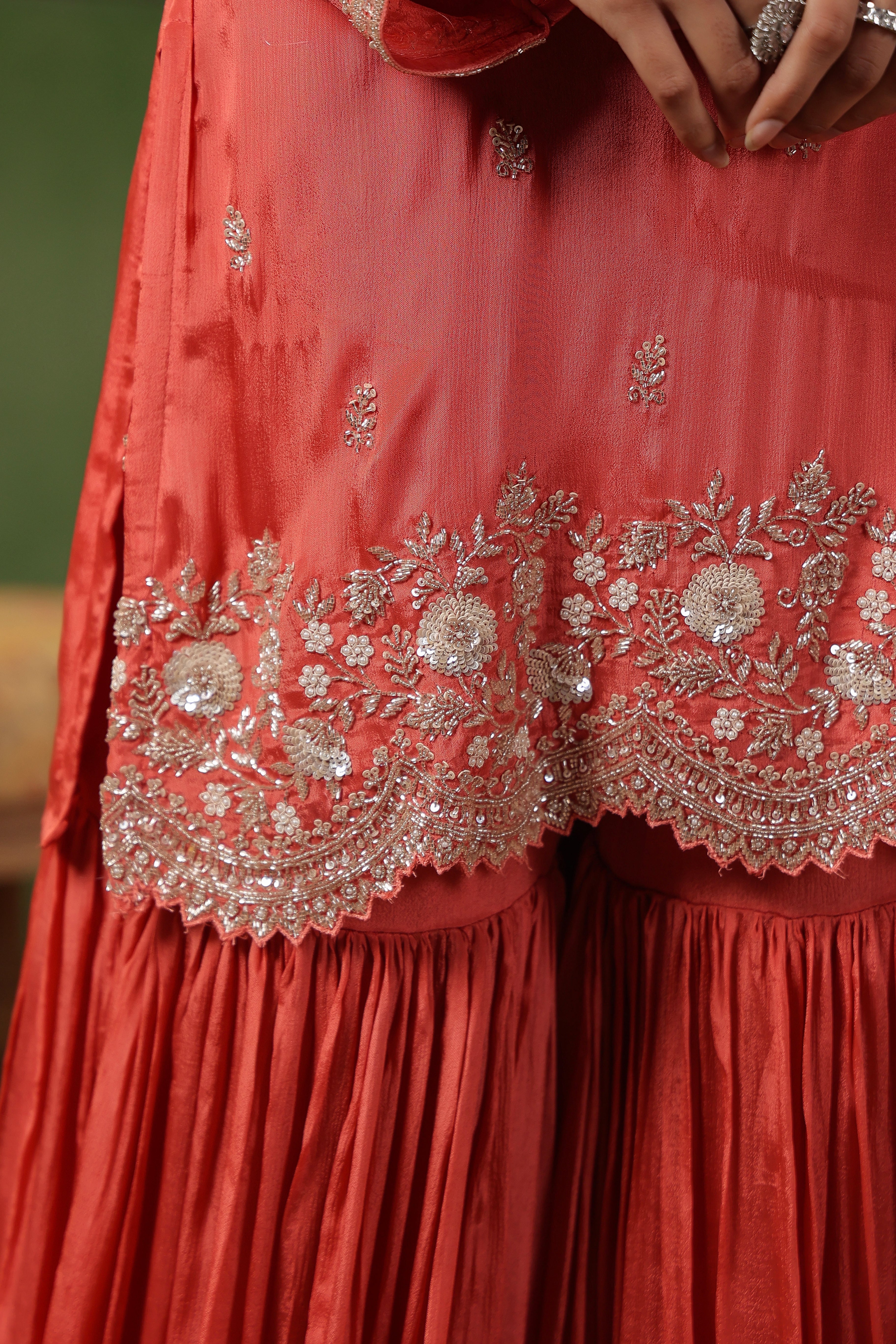 Coral Pink Embellished Chinon Silk Sharara Set