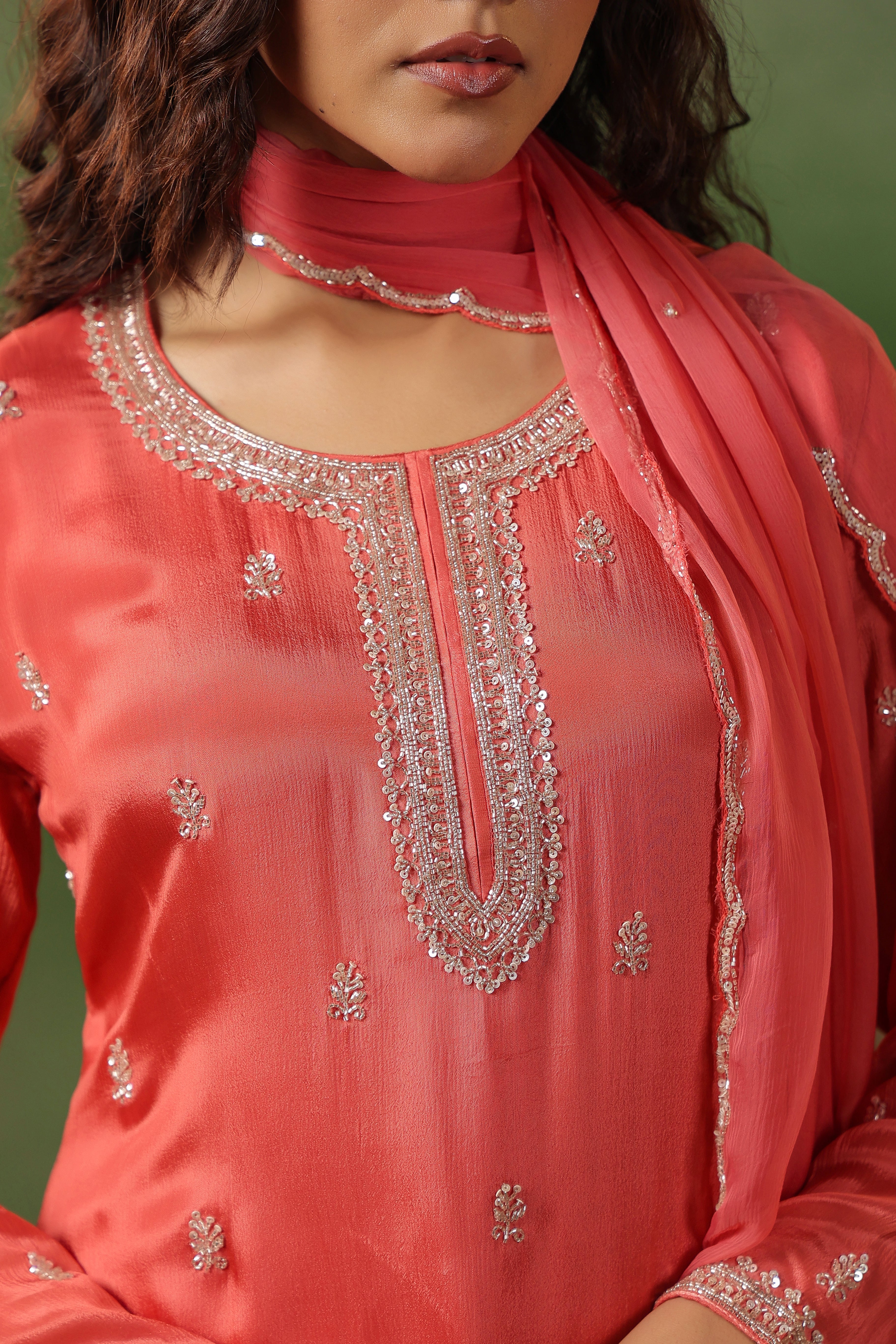 Coral Pink Embellished Chinon Silk Sharara Set