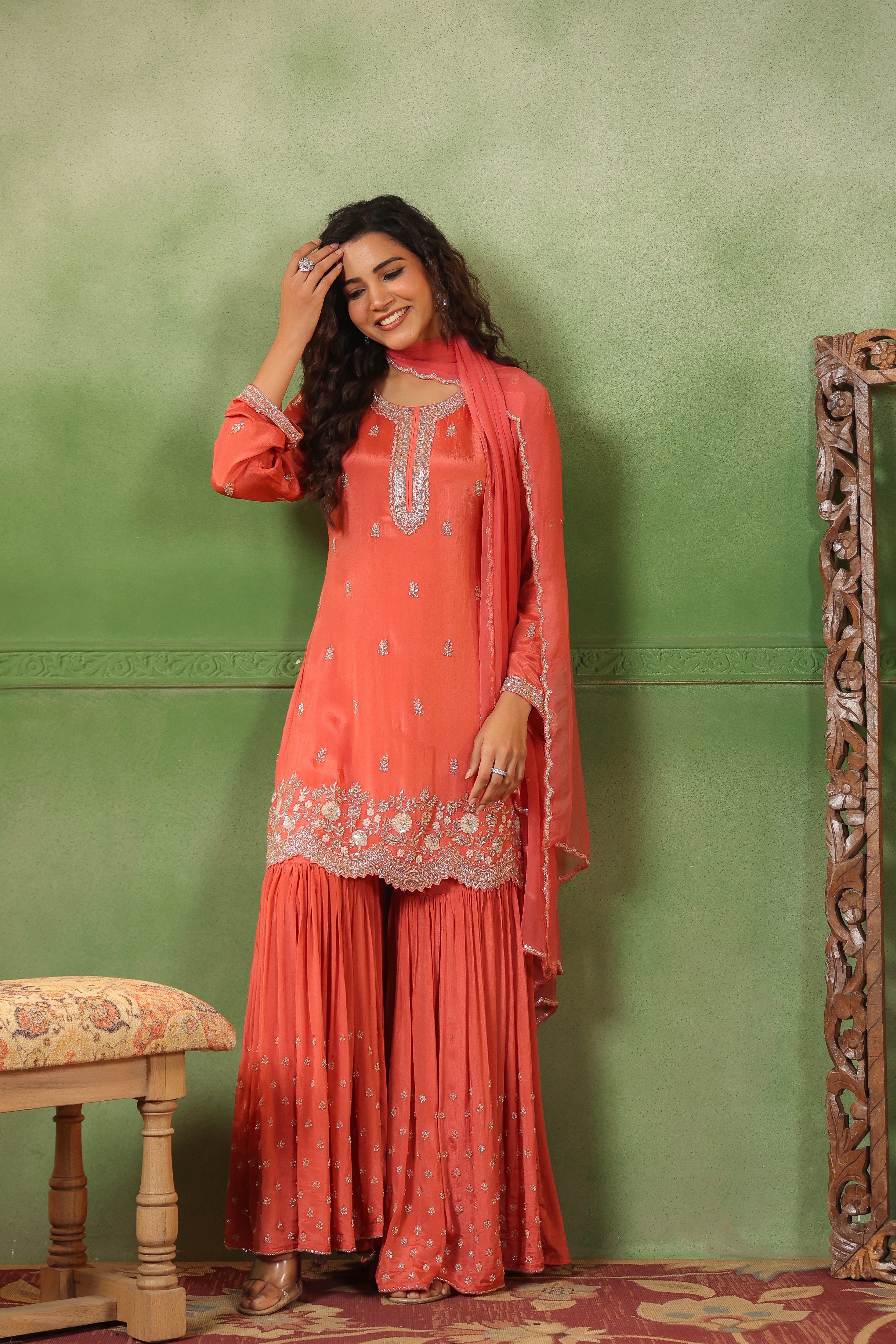 Coral Pink Embellished Chinon Silk Sharara Set