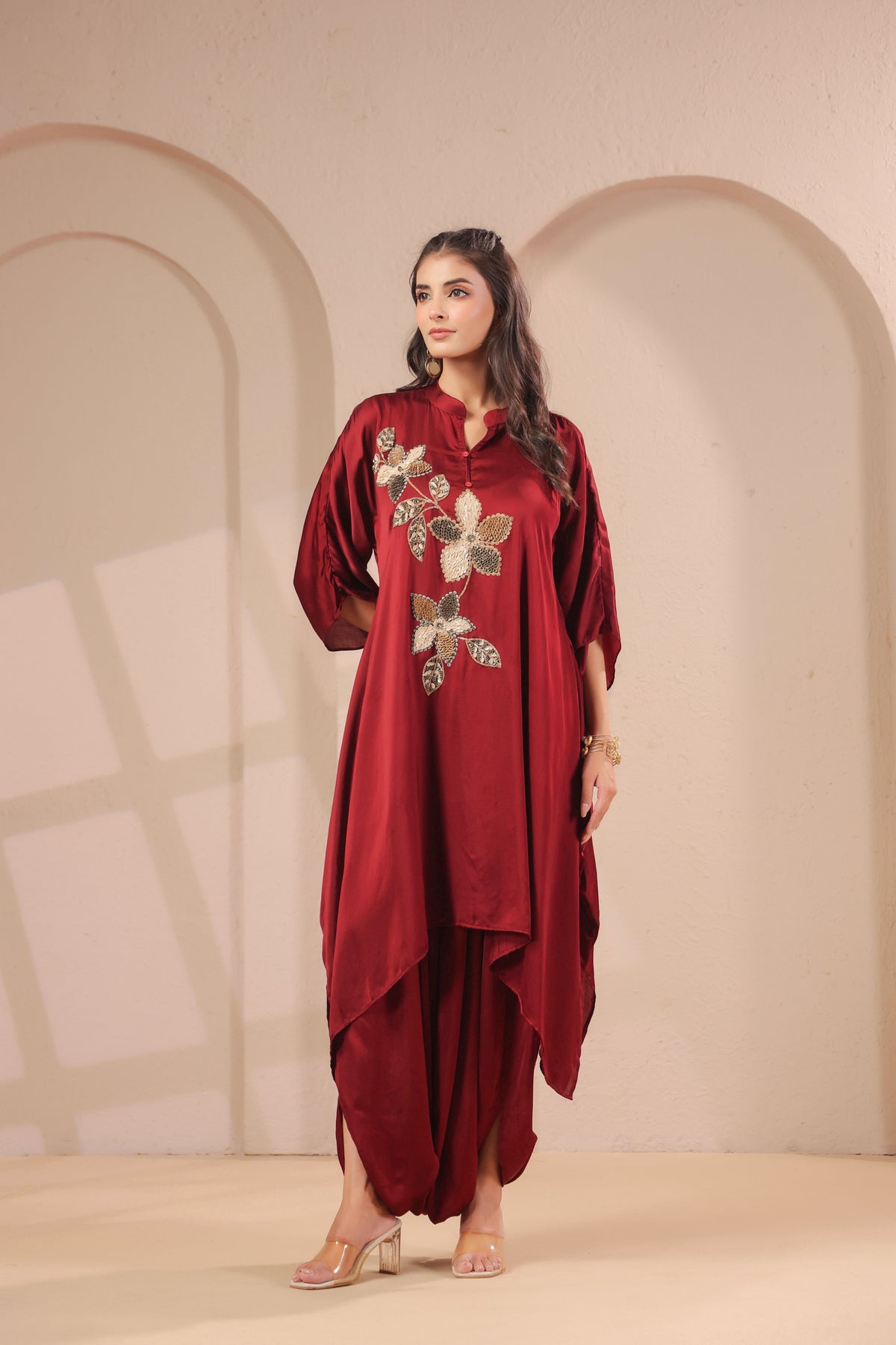 Burgundy Floral Embellished Modal Silk Dhoti Set