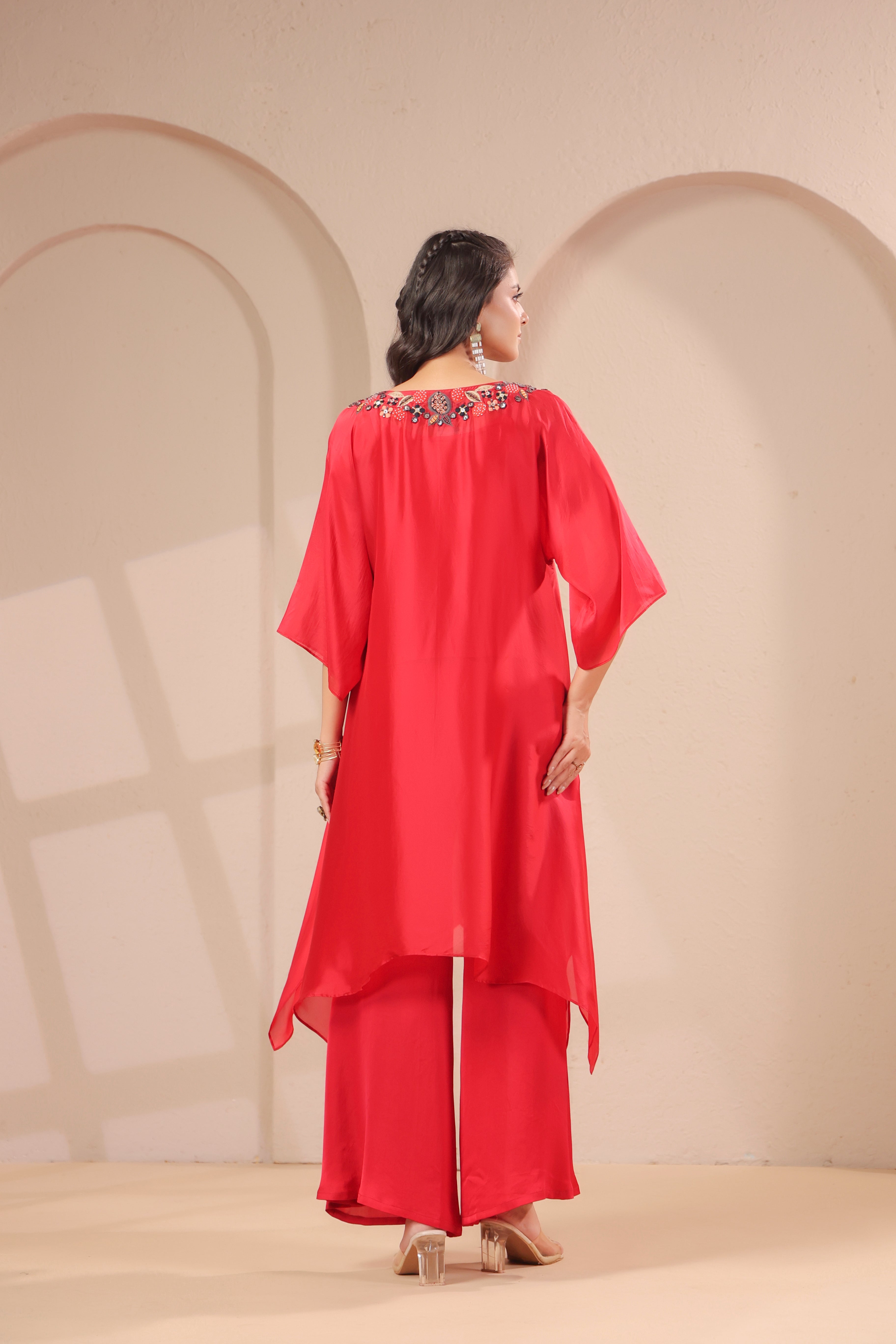 Crimson Red Embellished Crepe Silk Palazzo Set