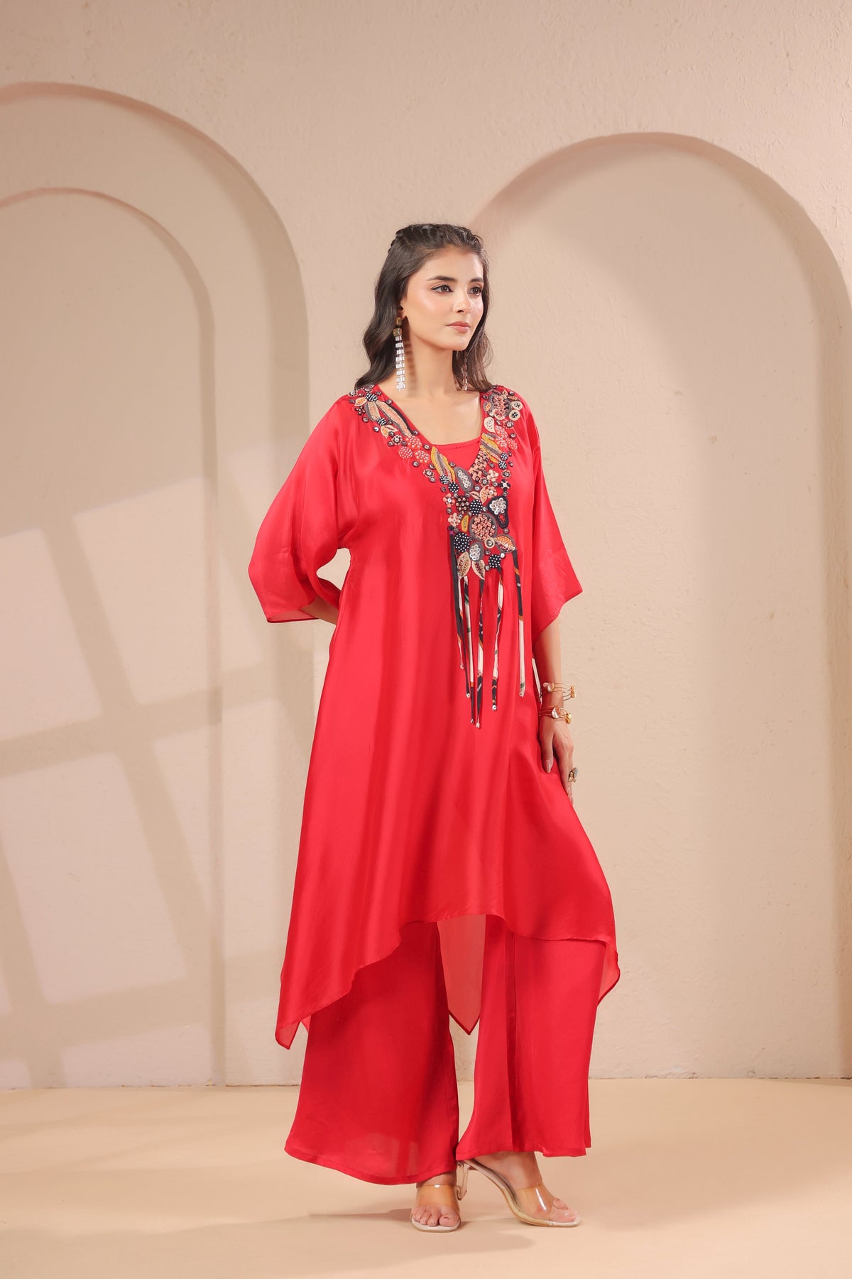 Crimson Red Embellished Crepe Silk Palazzo Set