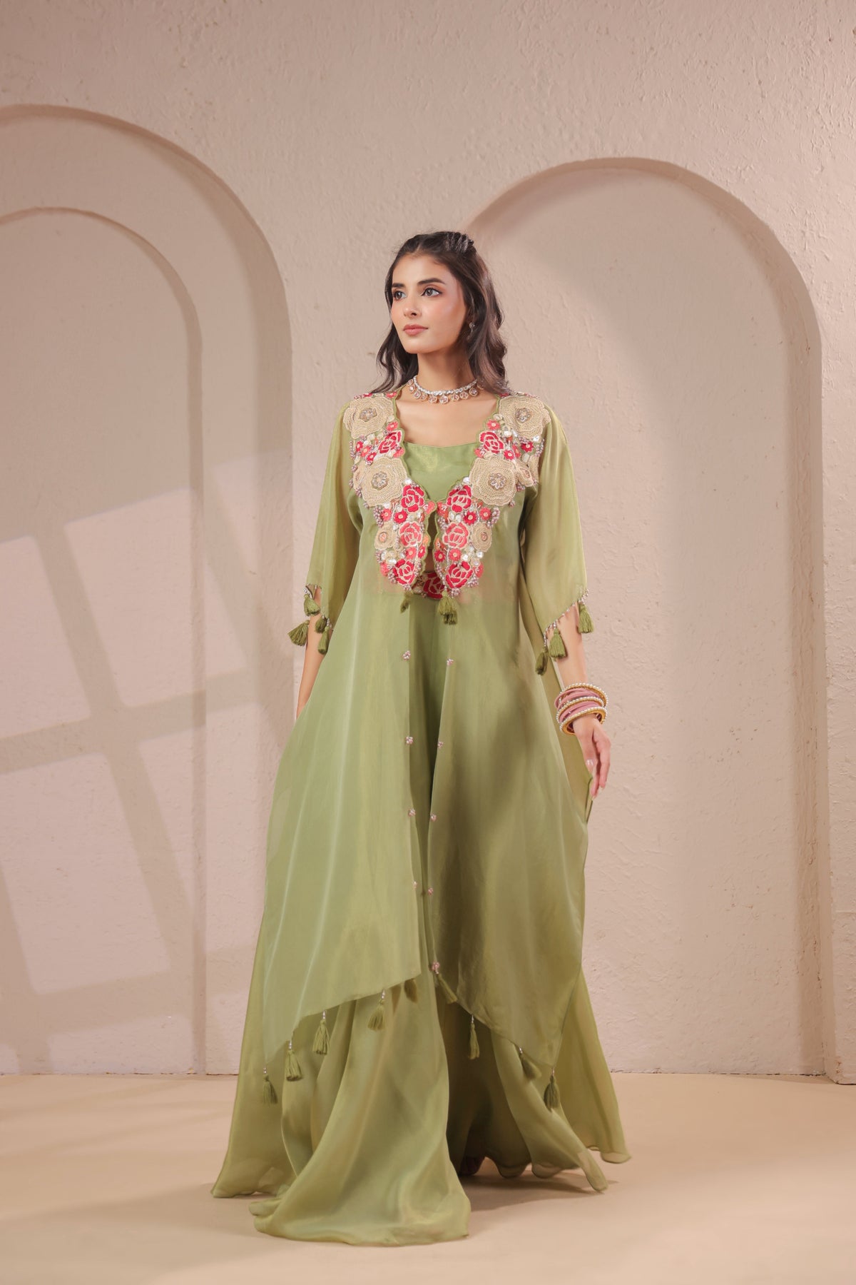 Sage Embellished Shimmer Organza Silk Palazzo Set