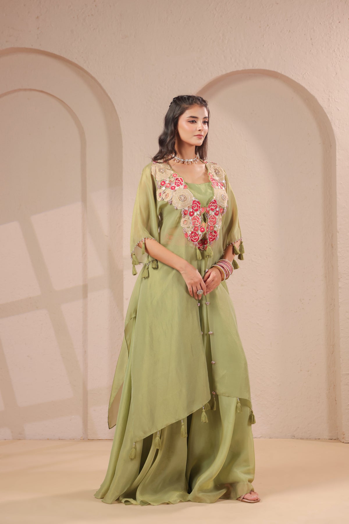 Sage Embellished Shimmer Organza Silk Palazzo Set